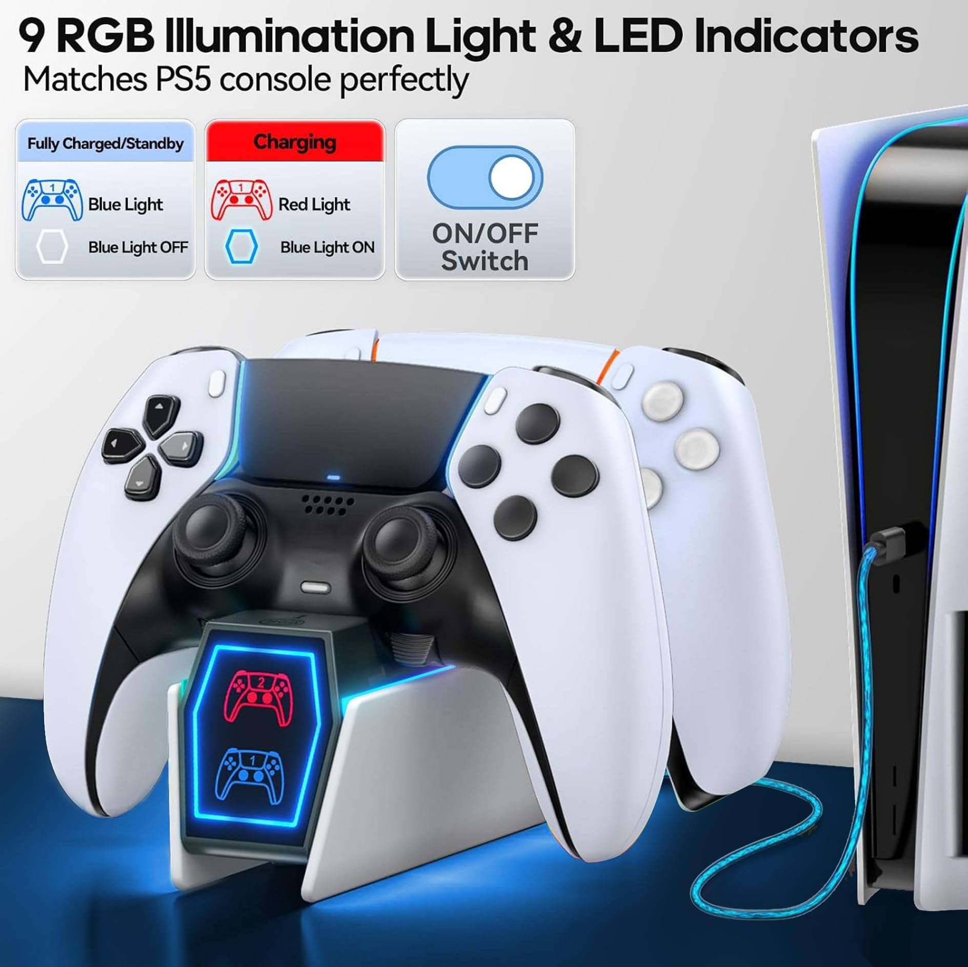 PS5 Controller Charging Station with 9 RGB LED Lights, PS5 Charger Station Compatible with PlayStation Console Skin Original & Edge Controller, PS5 Controller Accessories Charging Dock Stand 4
