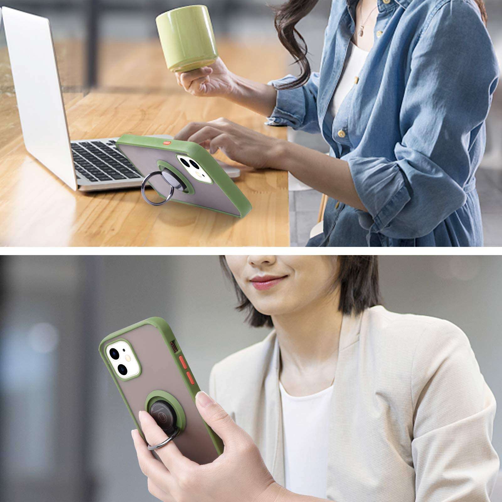 ICONFLANG Compatible with iPhone 12 Cases,360 Degree Rotating Ring Kickstand Translucent Case Shockproof Impact Protection,Support Magnetic Car Mount Holder (Green) 3