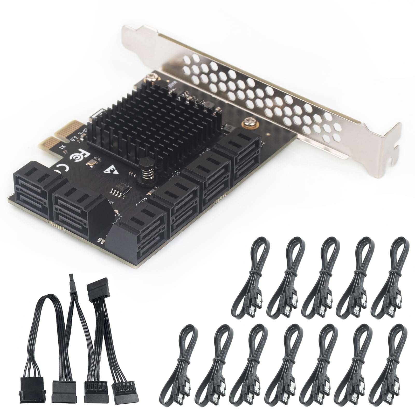 12-Port PCIe SATA Expansion Card with SATA Cables and 1:5 SATA Splitter Power Cable - Compatible with Windows, Linux, Mac OS, NAS