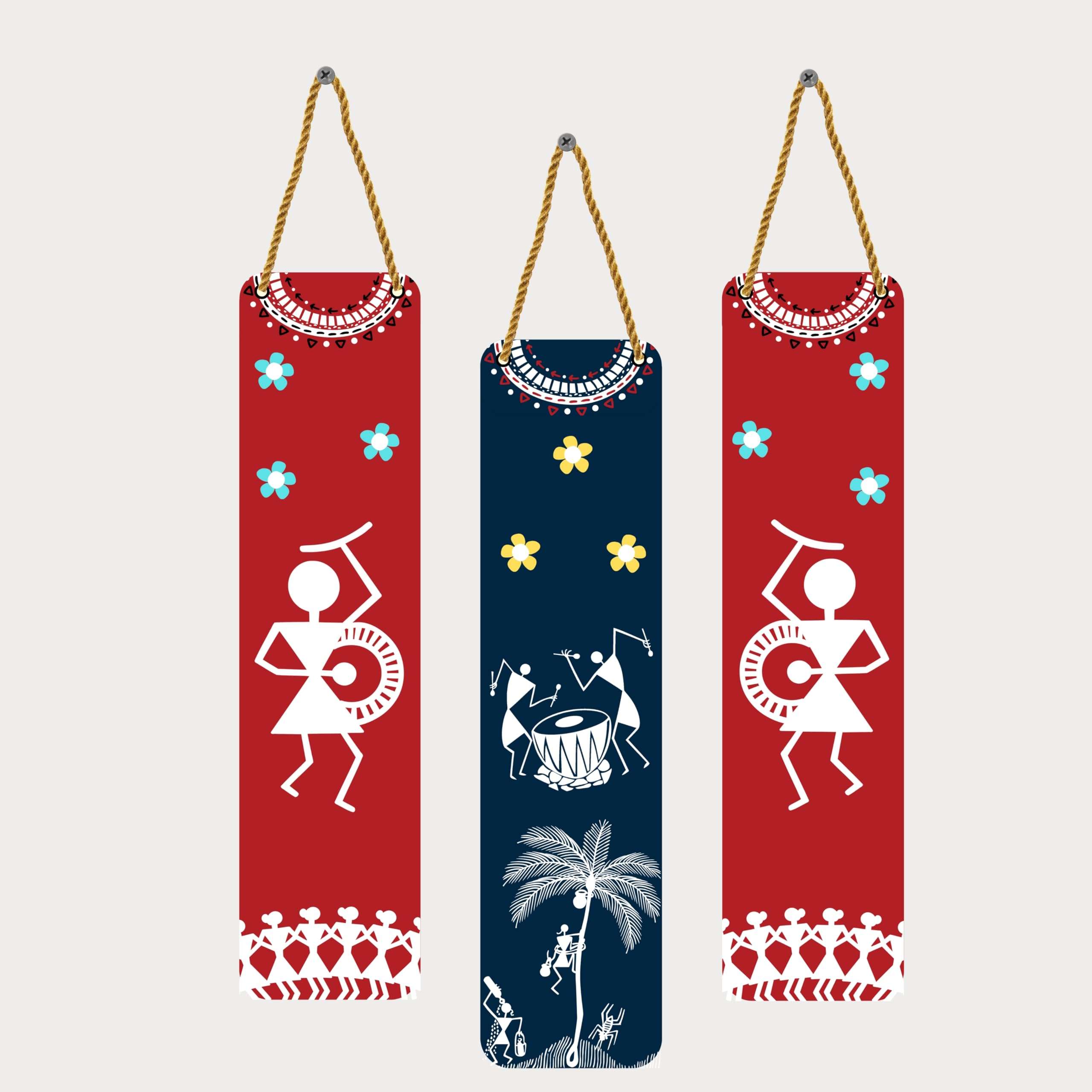 Karni Art - Traditional Warli Art Wooden Wall Hangings | Tribal Dance Design | Perfect Decorative item for Living Room, Bedroom, or Hotel | Ideal Gift for Home Decor Set of 3 1