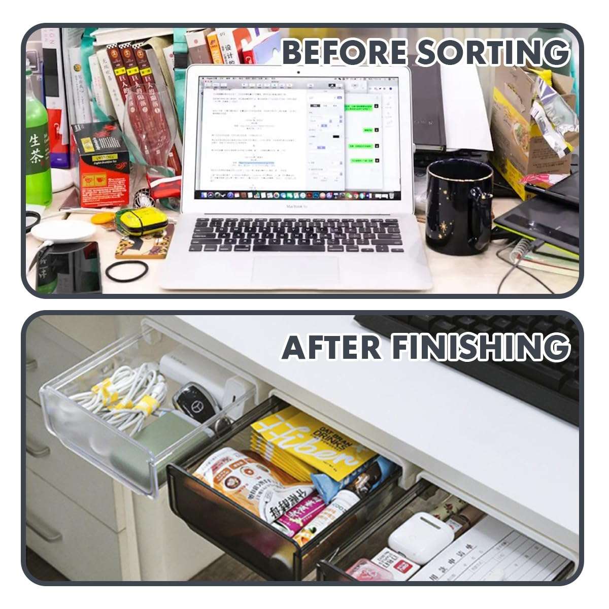 Davidsons Collection Self-adhesive Under Desk Drawer, 2 Packs Table Hidden Organizer Slide Out Large Storage Desktop Pencil Tray for Office Home School Kitchen , Matte Black 2