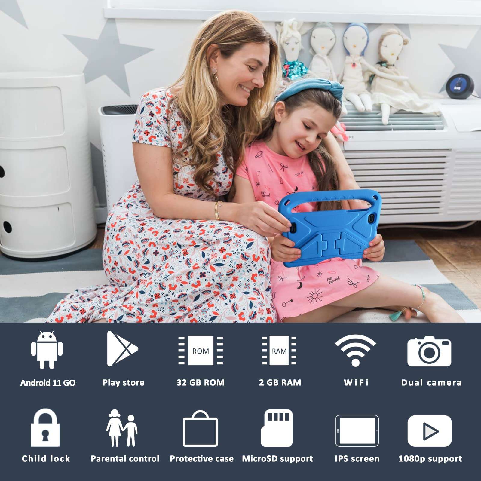 GOODTEL Kids Tablet Android 7 inch for Kids with 128GB Extended Memory, Installed Parental Control Mode Puzzle Game IPS HD Display, Toddler Tablet with Shock-Proof Case, Great Gift - Blue 4