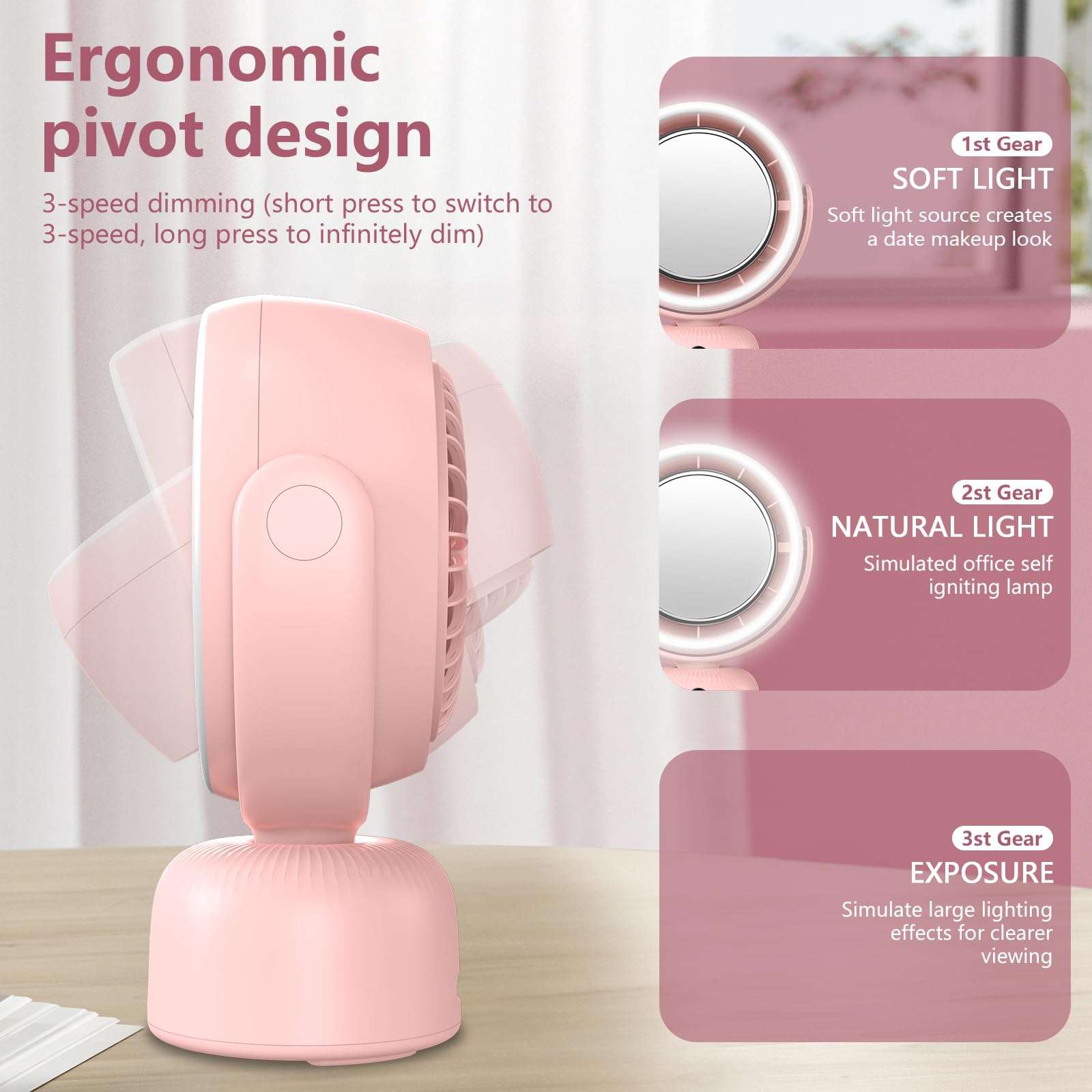 6000mah Table Fan with makeup mirror and led light 5-Speed Ultra-Quiet Cooling |Dimming led vanity mirror with light fan | USB-Powered Portable Fan For Home/Office/Outdoor (Pink) 4