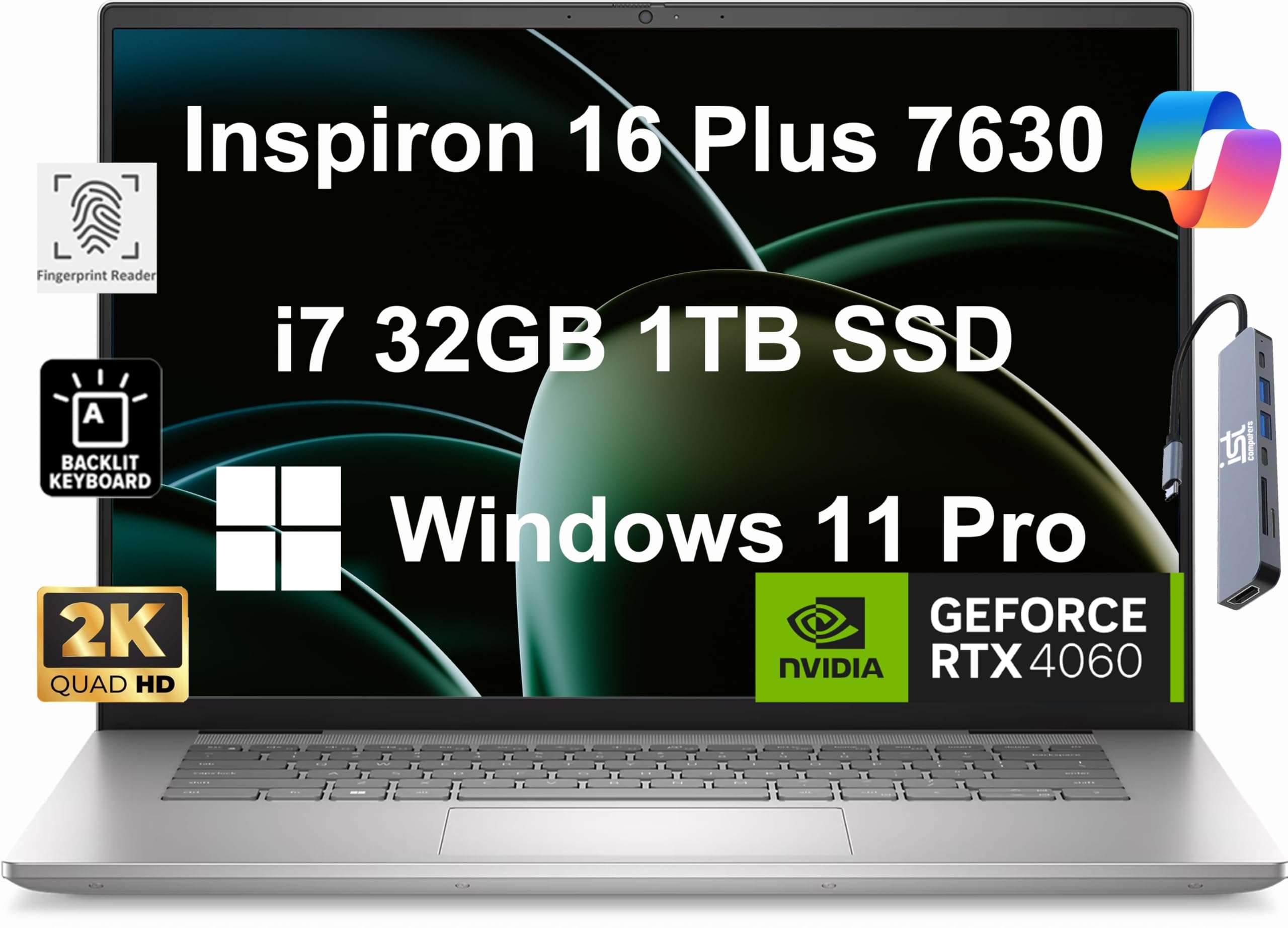 Dell Inspiron 16 Plus 7630 Business Laptop (NVIDIA RTX 4060 8GB GPU, 16" QHD (2560 x 1600) 120Hz, i7-13620H, 32GB DDR5, 1TB SSD) for Creator, Designer, Backlit KB, FP, IST Hub, FHD Webcam, Win 11 Pro 1