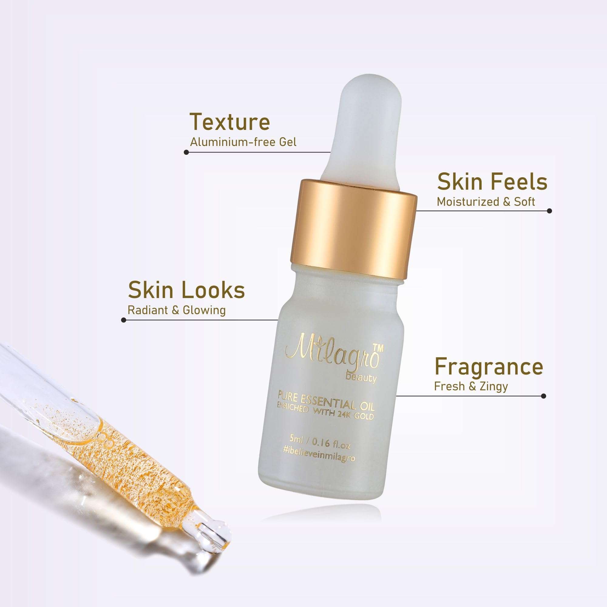 Milagro Beauty 24K Gold Leaves Pure Essential Oil with Goodness of Lemongrass, Sunflower & Almond for Skin Hydration Anti-ageing Glow Booster Primer for Dewy Foundation Finish (5ml) 5