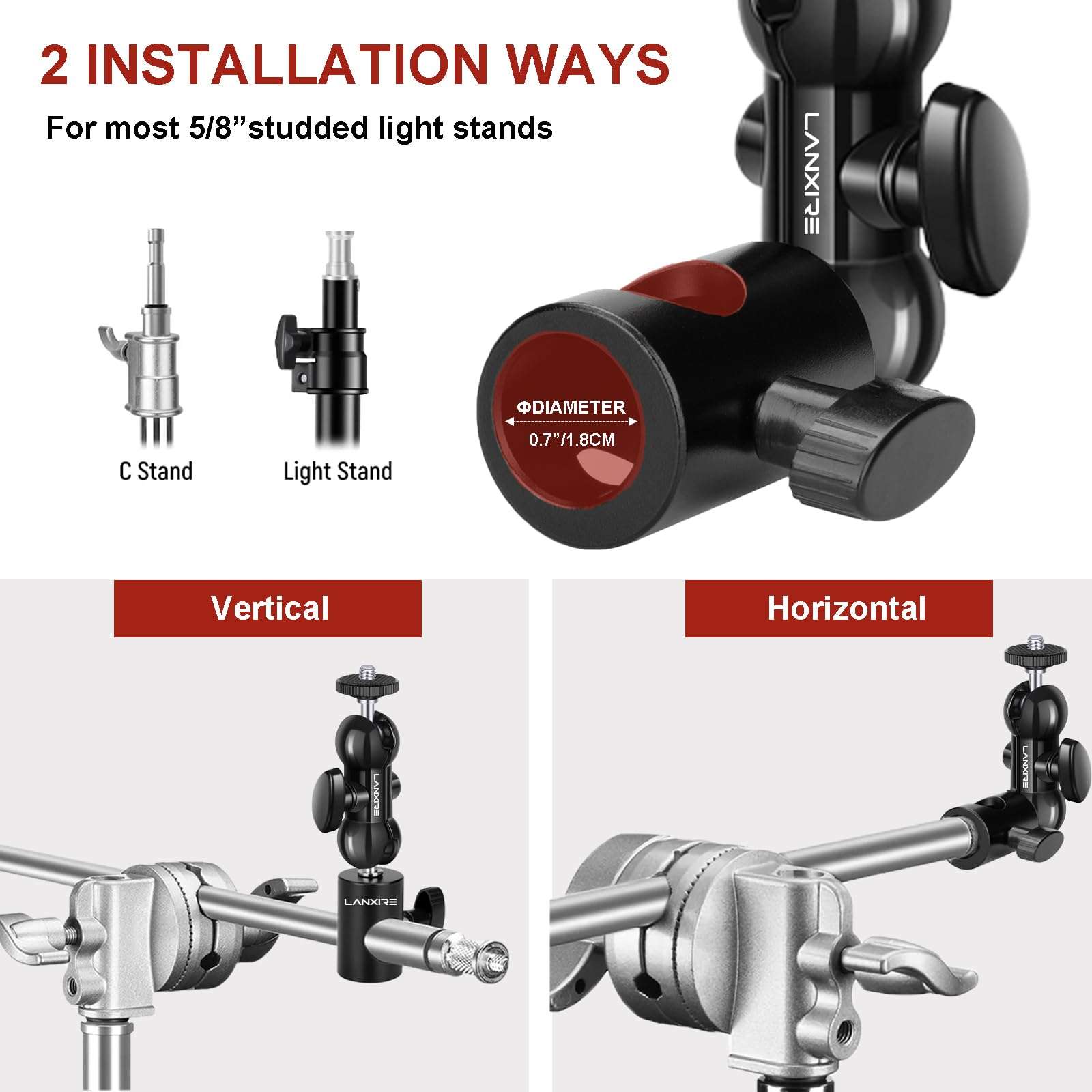 Lanxire Light Stand Mount Adapter (2 Packs) with Double Ball Head - Compatible with Ring Light - Fits Flat Head Light Stand - Max Load 4.4lb/2kg - 1/4" Screw Cool Ball Head 5