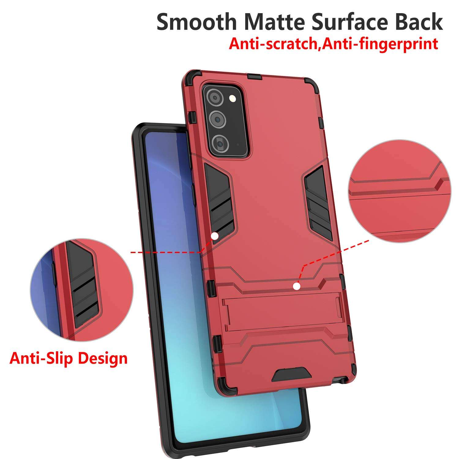 BIBERCAS Kickstand Case for Samsung Galaxy Note 20 5G,Anti-Scratch Shockproof Protective Samsung Note 20 Case,Military Grade Full Body Protection Armor Heavy Duty Case for Galaxy Note 20 2020-Red 4