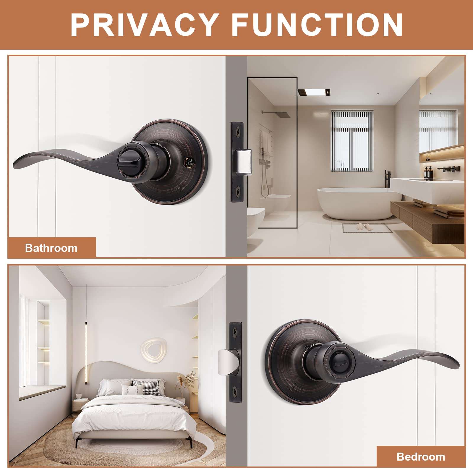 Probrico (5 Pack Privacy Door Lever[Thumb Turn Lock on The Inside],Locking Door Handle Set for Bedroom & Bathroom Doors,Keyless Oil Rubbed Bronze Wave Door Lock, Reversible Right & Left Side Handed 6