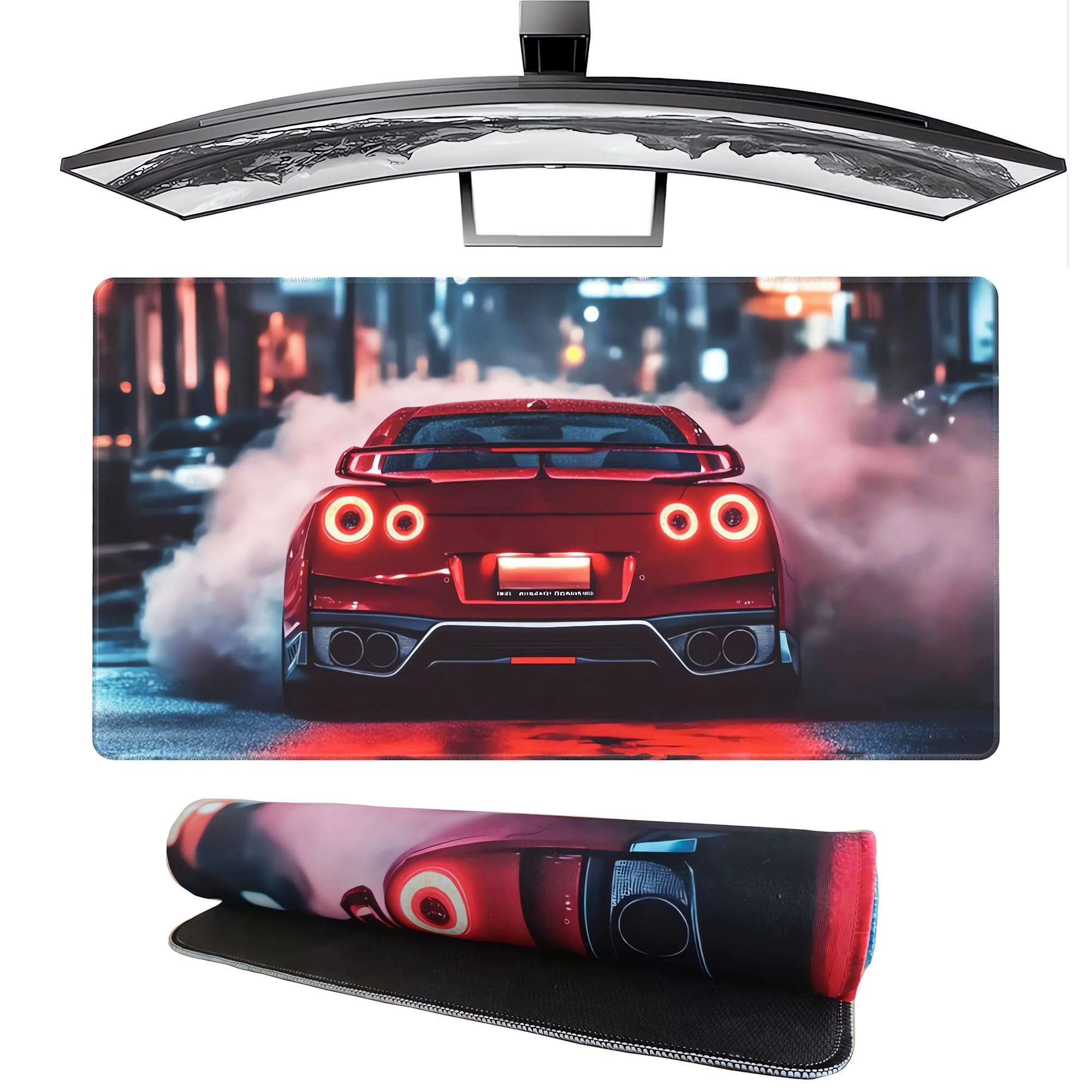 ANMOGID Gaming Mouse Pad, JDM R34 Car Mouse Pad, Red Smoke City Desk Mat, Extended 23.6" x 11.8" for Office Home, Non-Slip Rubber Keyboard Mat Decor, Computer Accessories Office Organizers Supplies 1