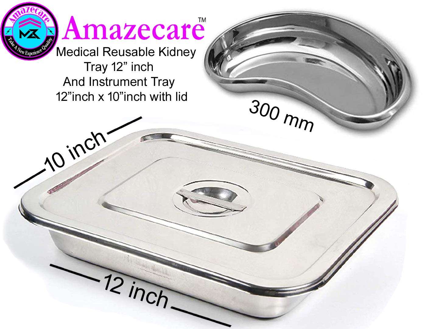 Amazecare™ Stainless Steel Medical Reusable Kidney Tray (300mm) And Instrument Tray 12”inch x 10”inch with lid (Set of 2) 2