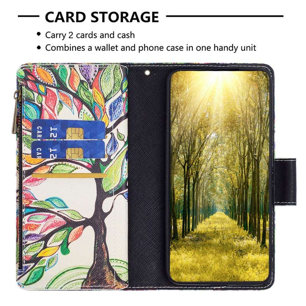 XYX Zipper Wallet Case for Samsung S20 FE, Colorful PU Leather Flip Wallet Zipper Purse Case with 9 Card Slots and Wrist Strap for Samsung S20 FE 5G 6.5 Inch, life Tree 5