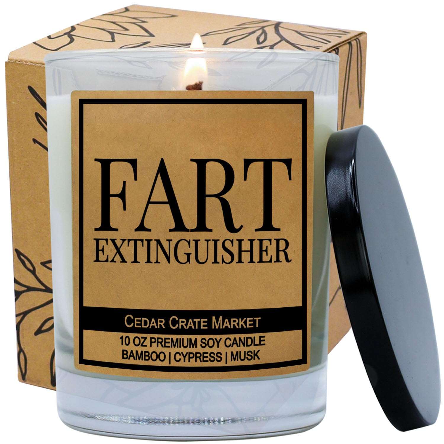 Cedar Crate Market Fart Extinguisher, Kraft Label Scented Soy Candle, Funny and Sassy Decorative Candles, Bamboo, Cypress, Musk, 10 Oz. Glass Jar Candle 1