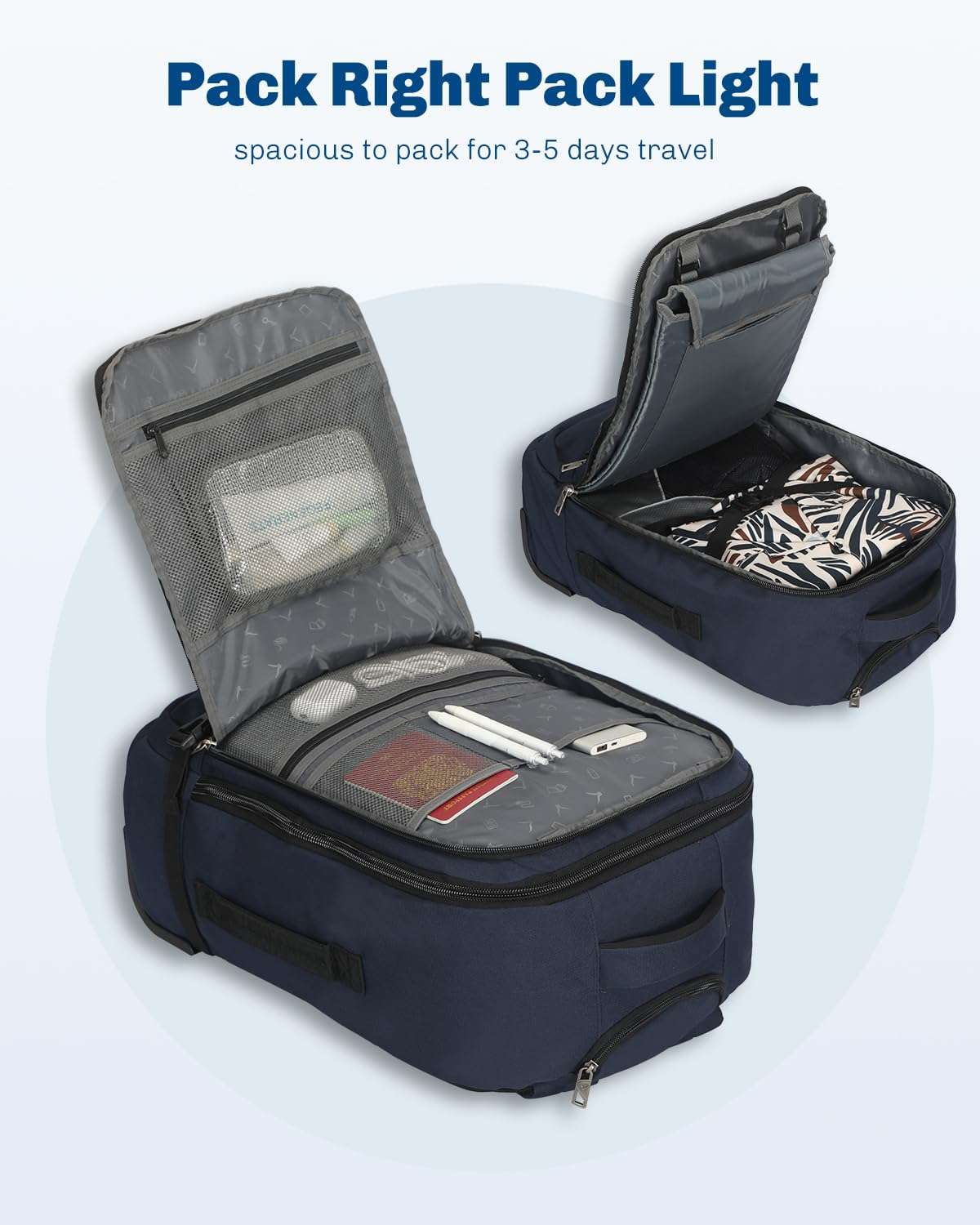 Hynes Eagle 42L Rolling Backpack Wheeled Backpack Flight Approved Travel Backpack Carry on Luggage Dark Blue with 3PCS Packing Cubes Set Black 4