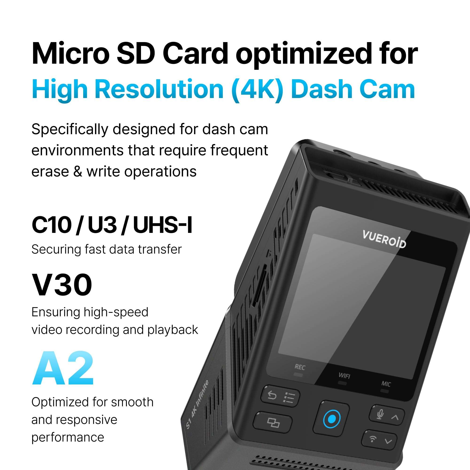 Vueroid 256GB Dashcam Pro microSD Card with Reader Adapter, C10, V30, UHS-I, Class 10, A2, High Speed Memory Card for 4K UHD Video, Read Speed up to 100 MB/s microsdxc 3