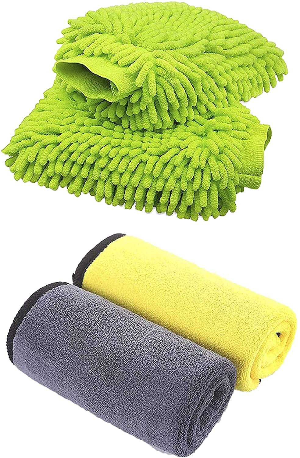 CarFrill Premium Microfiber Car Wash Mitt & Cleaning Cloth, 2 Dust Towels & Mitt Home, Office, Car Wash, Kitchen Cleaning Set (2 Pic Gloves 900 GSM+ 2 Pic (40X40 CM Dual Color 900 GSM Microfiber Cloth)
