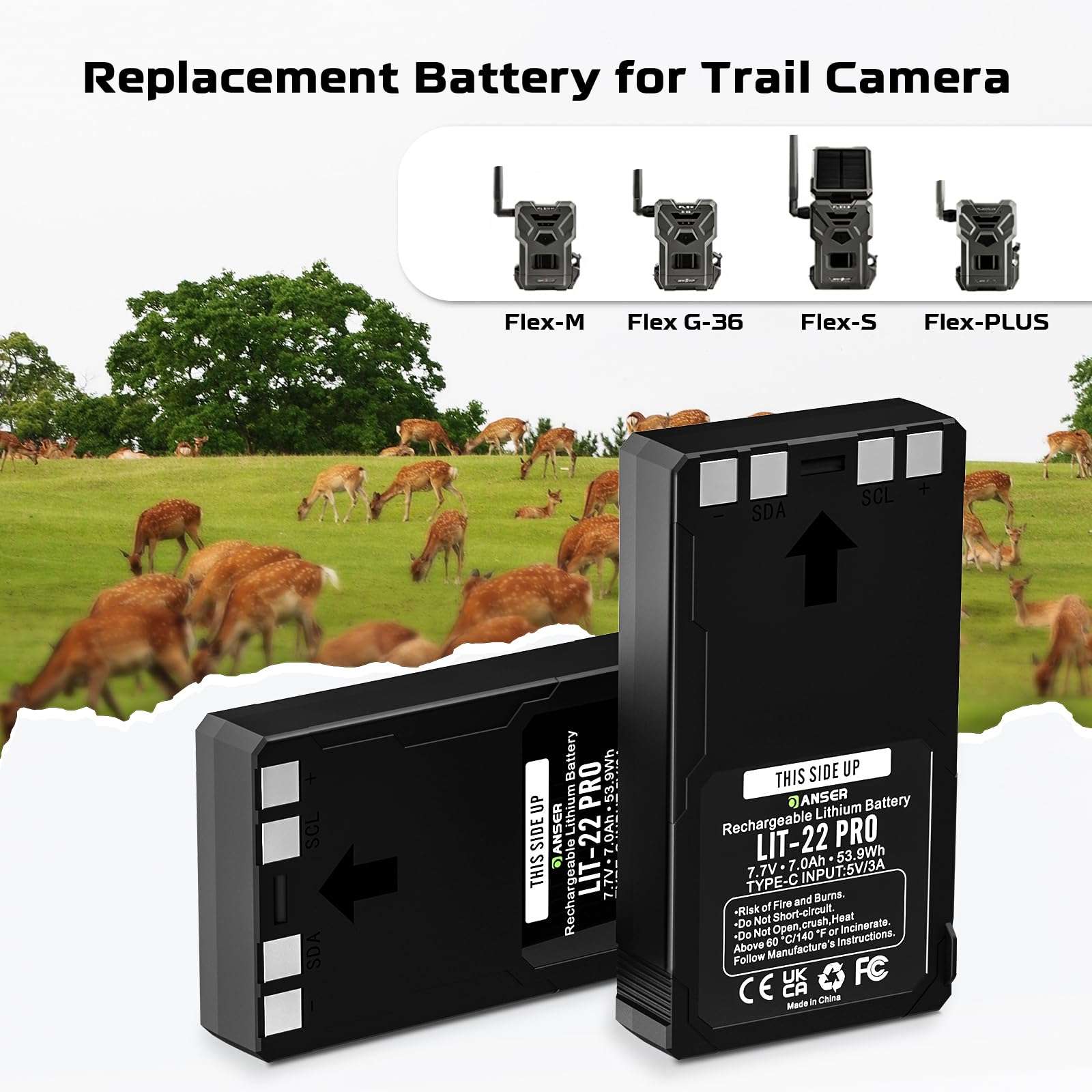 OANSER LIT-22 Rechargeable Lithium Battery 2 Pack, 7000mAh LIT-22 Hunting Trail Camera Replacent Battery for Spypoint Cellular M,Dark,S-Dark,S,G-36,Flex-M/G-36/Plus with Type-C 6