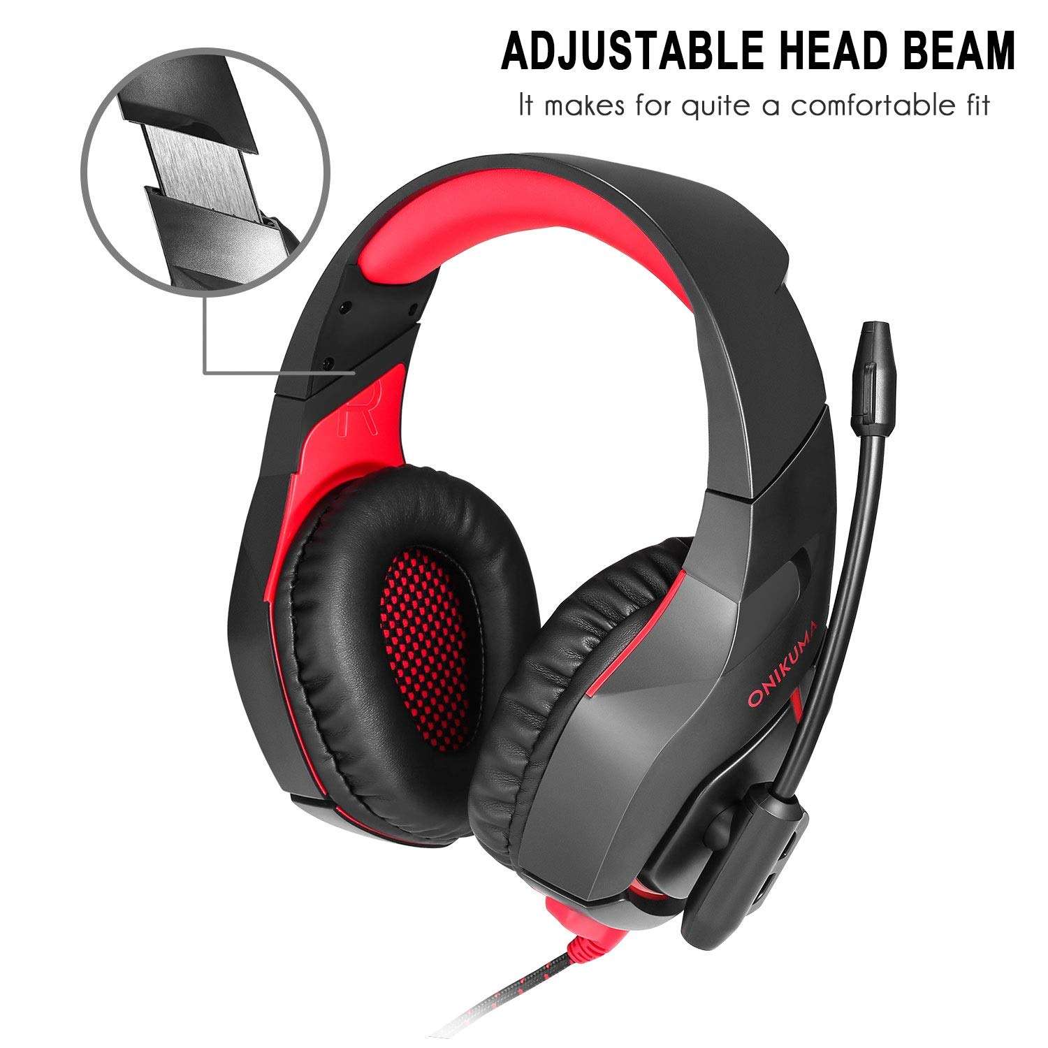 ONIKUMA K1B Stereo Gaming Headset with Mic, Controls and LED light for PC, PS4, Xbox and Mobiles (Black/Red) 3