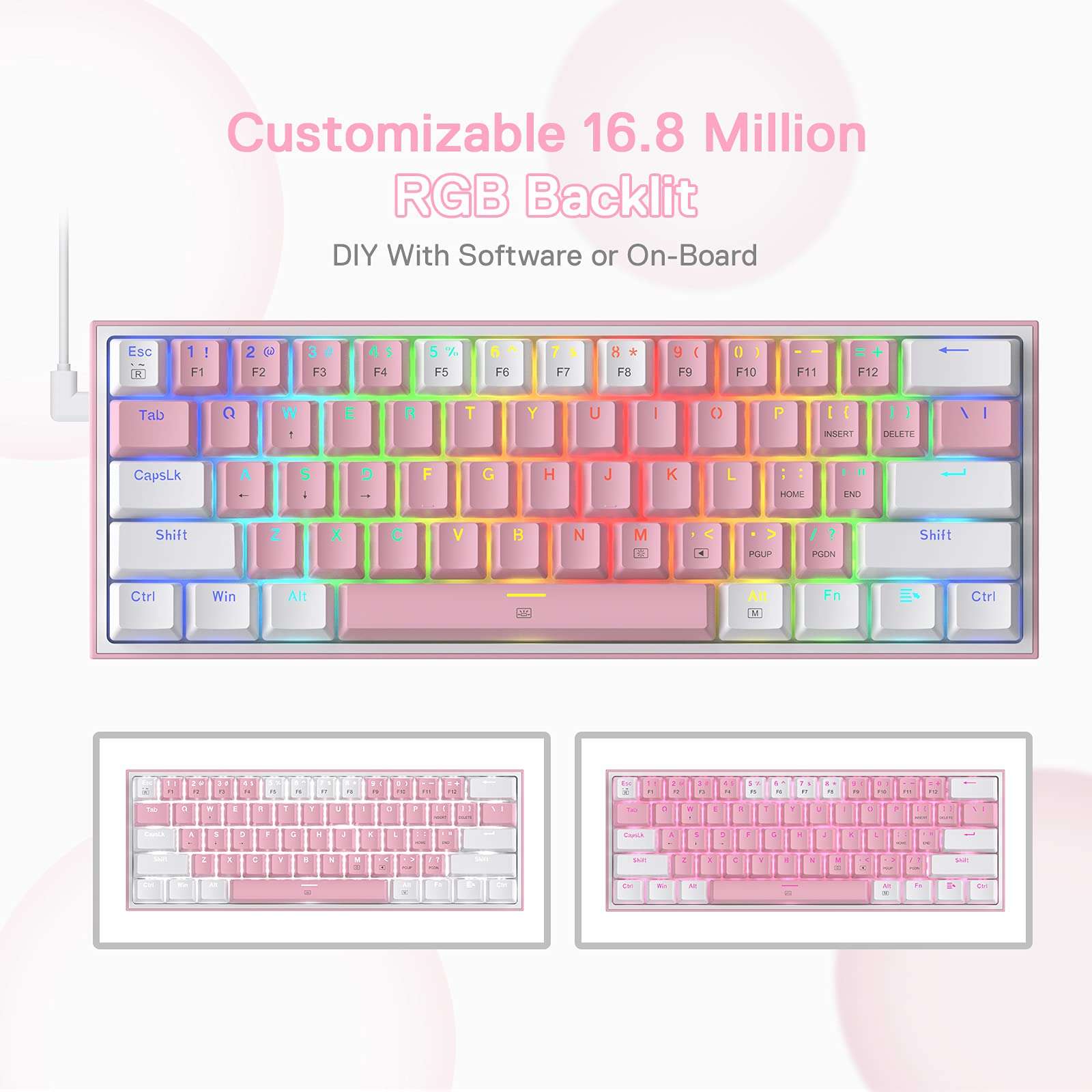 Redragon K617 Fizz 60% Wired RGB Gaming Keyboard, 61 Keys Hot-Swap Compact Mechanical Keyboard w/White and Pink Color Keycaps, Linear Red Switch, Pro Driver/Software Supported 6