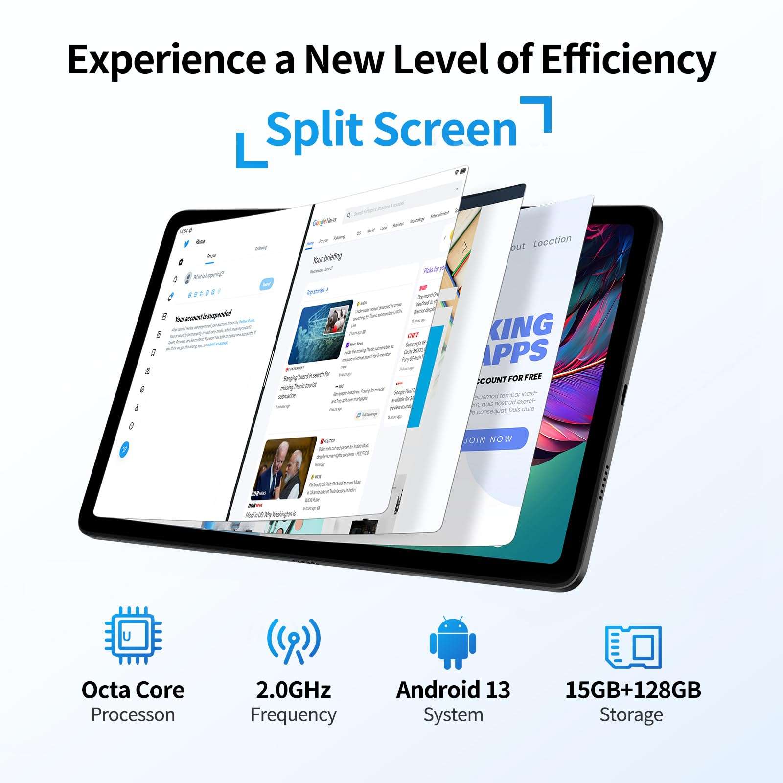 DOOGEE T20S Android Tablet with Screen Protector, 2K Vivid 10.4" Android 13 Tablets, 15GB+128GB Octa-Core Gaming Tablet, 7500mAh, 13+5MP Camera, Hi-Res Stereo Speakers, Split Screen, BT & WiFi 6