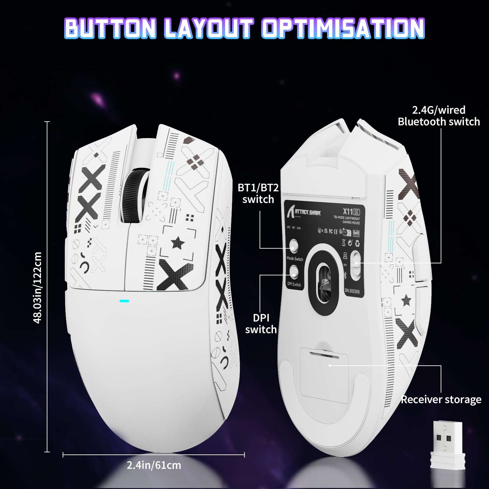 ATTACK SHARK X11SE Ultra-Light Wireless Gaming Mouse, Tri-Mode-2.4G/USB-C Wired/BT, PixArt PAW3311 Gaming Sensor, 22KDPI, 5 Programmable Buttons for Laptop, PC, Mac Gamer (White&Sticker) 4