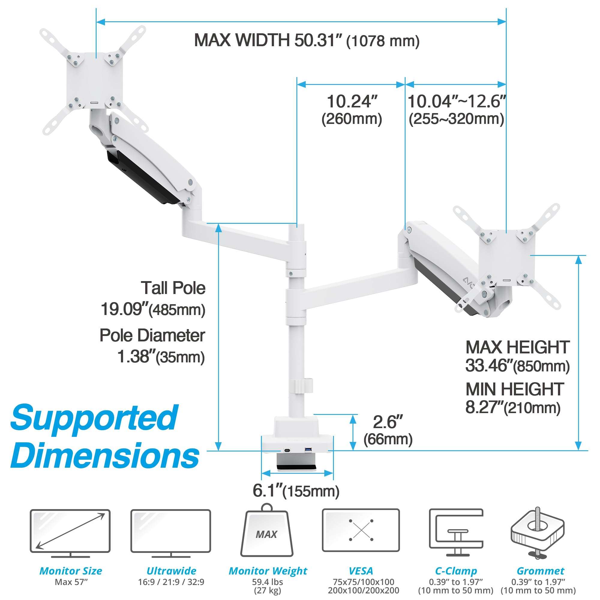 AVLT Dual 57 Inch Heavy Duty Stacking Monitor Arm and Single Monitor Arm Add-On Kit Easy to Install Top Mount 4