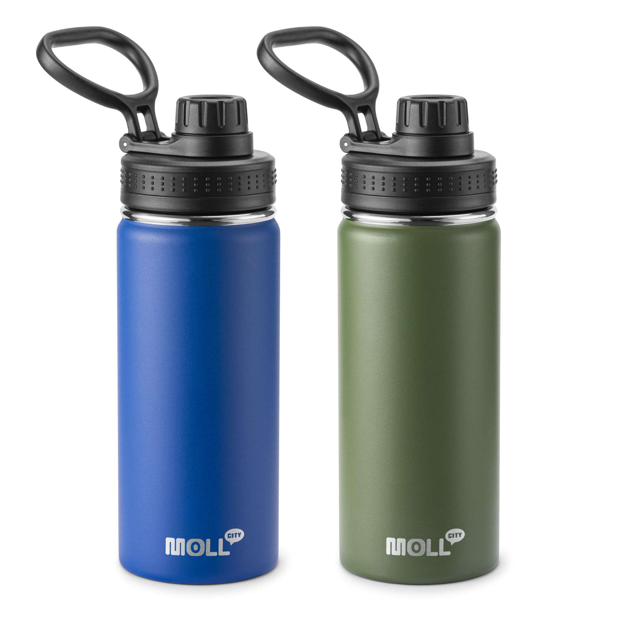 Mollcity Insulated Water Bottle 2 Pack-16 oz Stainless Steel Vacuum Sports Water Bottle Wide Mouth Flask with Leakproof Spout Lid (Navy-Grass Green) 1