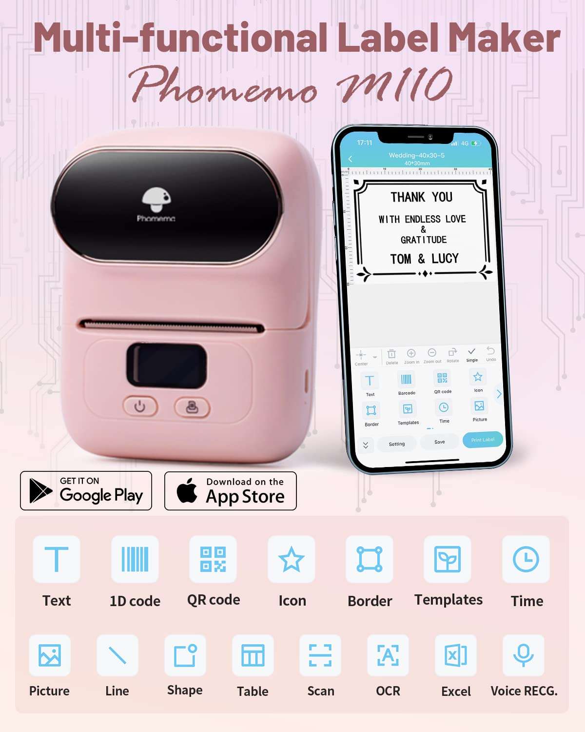 Label Maker, Phomemo M110 Label Maker for Small Business, Bluetooth Thermal Label Maker Compatible with iOS & Android, Barcode Label Printer with Tape, Address Labels, Reatil, Images, Pink 3