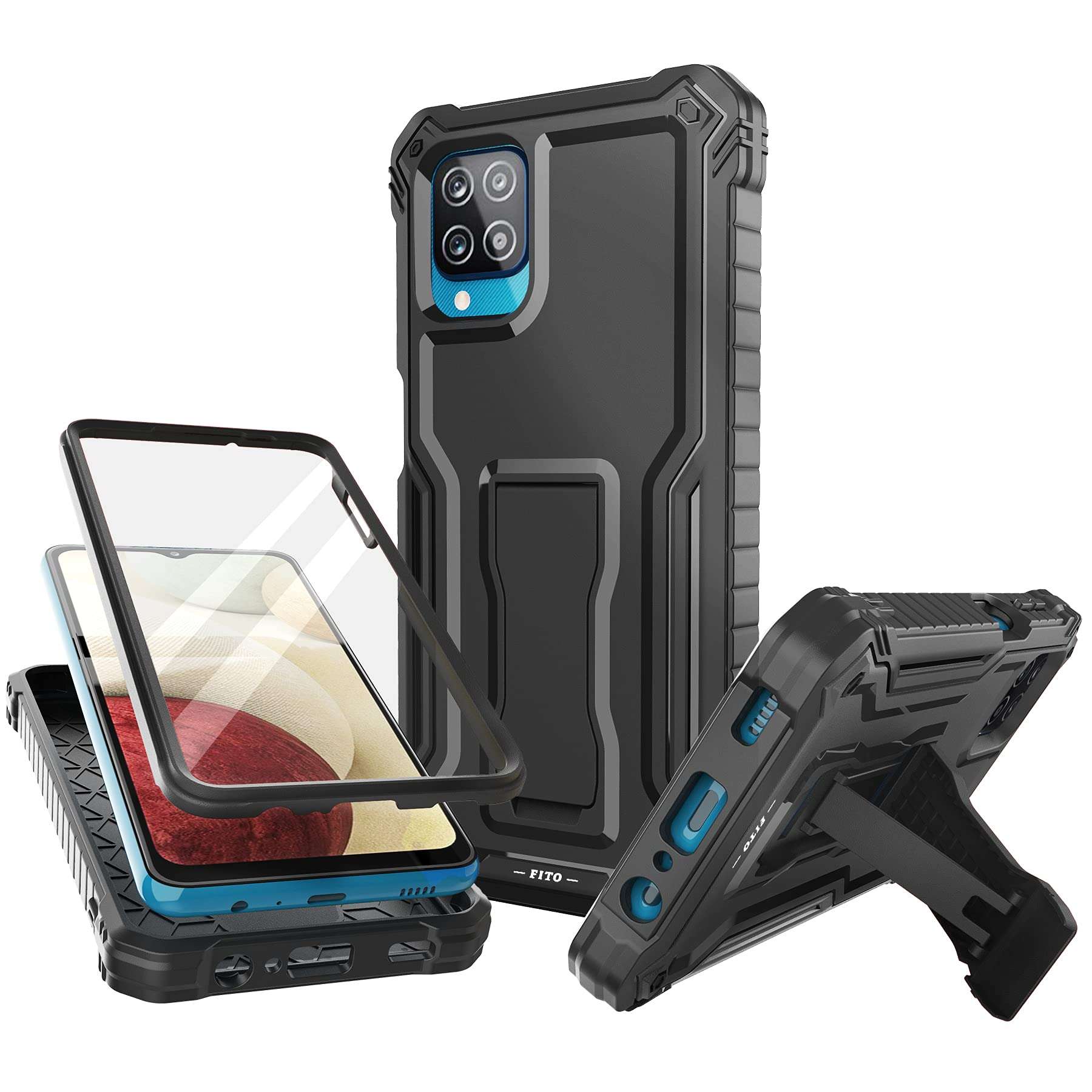 FITO for Samsung Galaxy A12 Case, Dual Layer Shockproof Heavy Duty Case with Screen Protector for Samsung A12 Phone, Built-in Kickstand (Black) 1