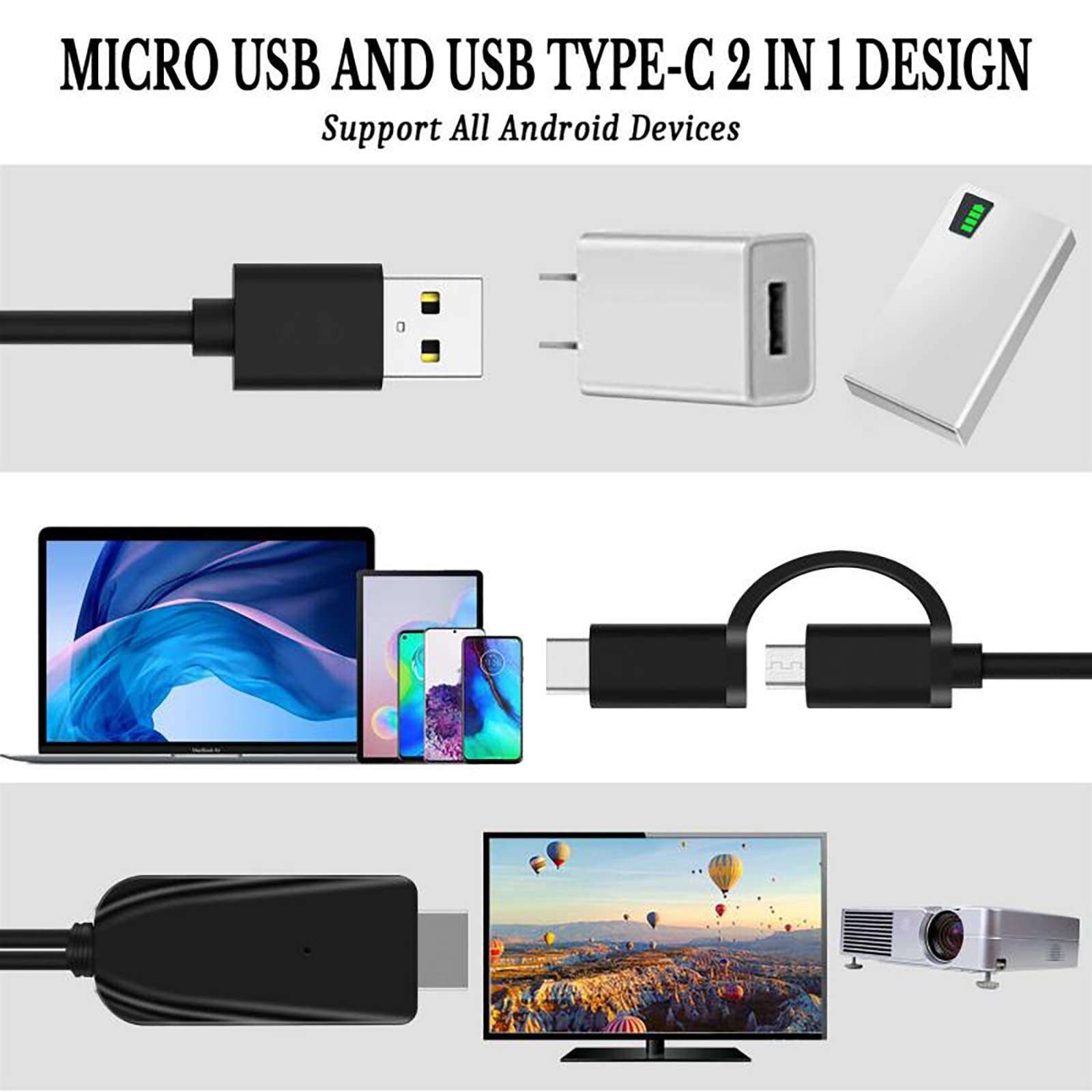 2-in-1 USB Type C/Micro USB MHL to HDMI Cable Adapter 1080P HD HDTV Mirroring &Charging Cable 6ft Converter for Android Smartphones Digital AV Video Mirroring Phone to TV/Projector/Monitor 6