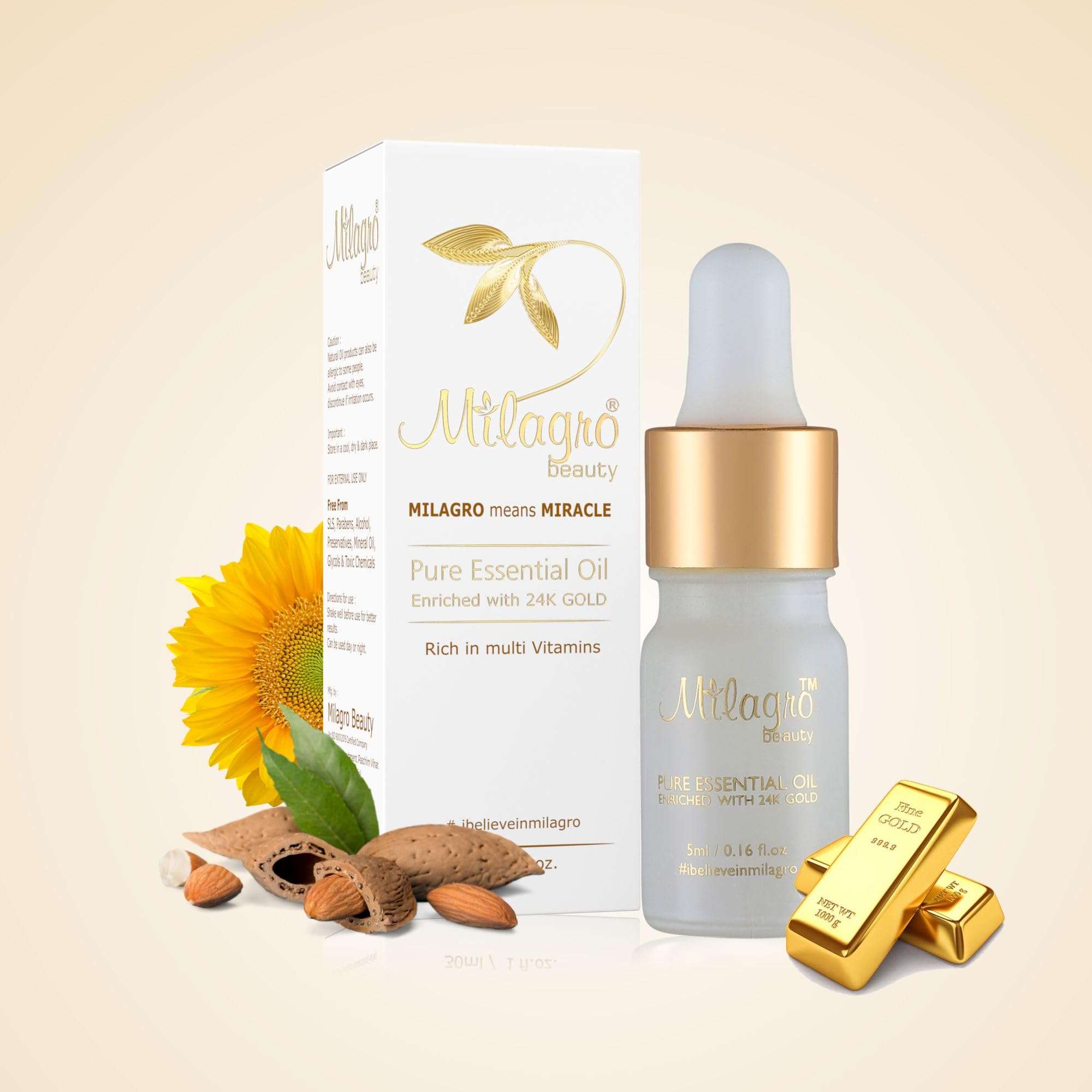 Milagro Beauty 24K Gold Leaves Pure Essential Oil with Goodness of Lemongrass, Sunflower & Almond for Skin Hydration Anti-ageing Glow Booster Primer for Dewy Foundation Finish (5ml) 1