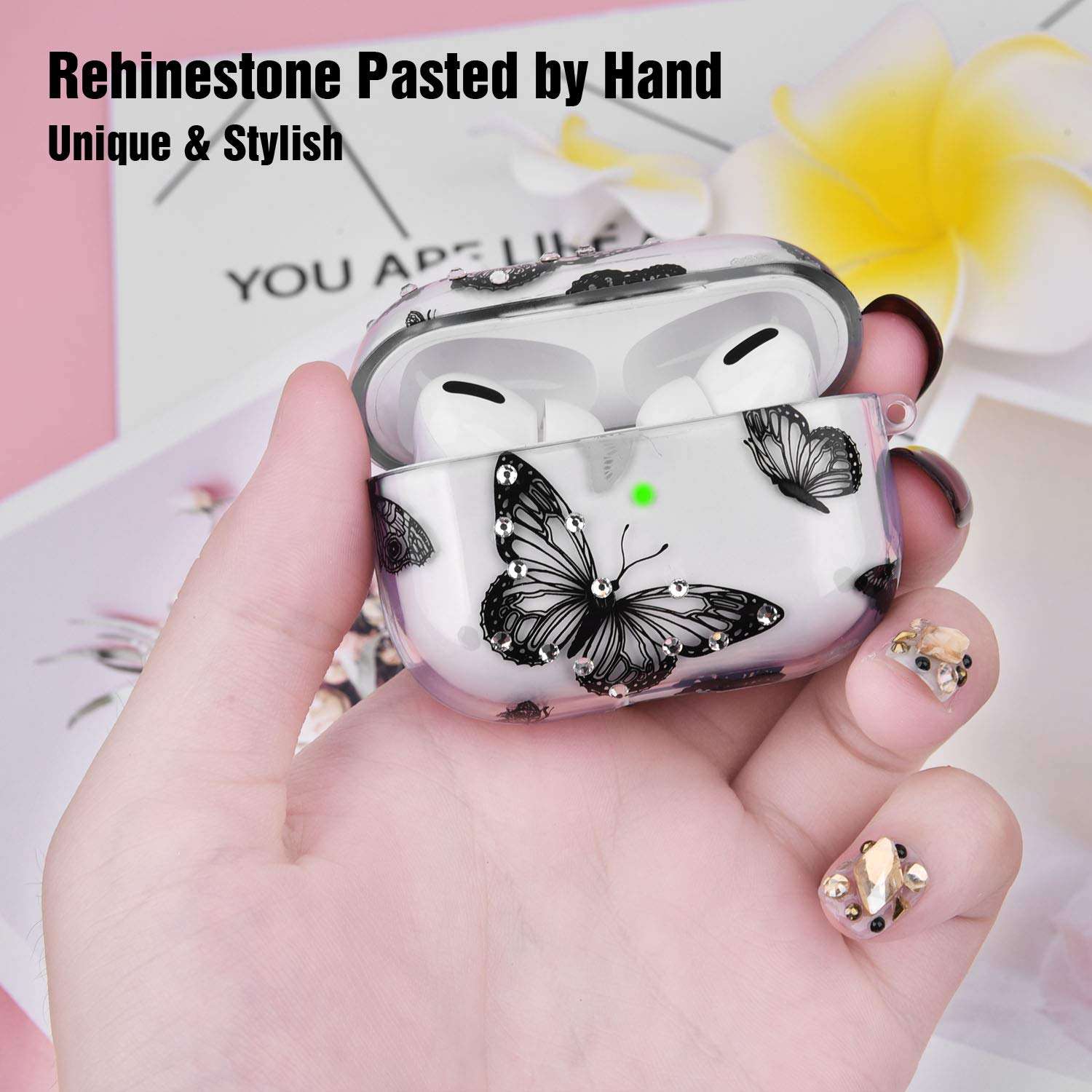 QINGQING AirPods Pro Case Cover, Clear Cute Crystal Design Skin Shockproof Protective Transparent TPU Case for Apple Airpod Pro 2019 with Keychain (Butterfly) 6