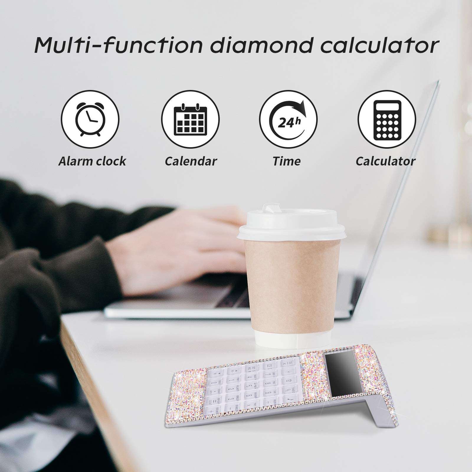 Office Calculator with Bling Crystal Decorative with Calendar Time Alarm Clock for Fashionable Desk Accessory, Office or Home Gift (AB Color) 6