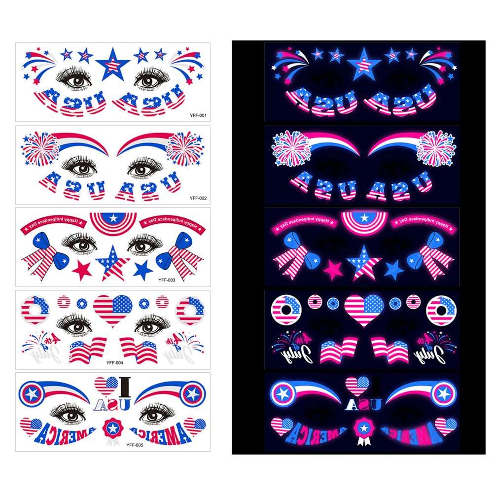 4th of July Tattoos Glow in The Dark Temporary Tattoos for Face Eyes Decoration American Flag Stickers Red White Blue Tattoo Decals for Adults and Teens 3