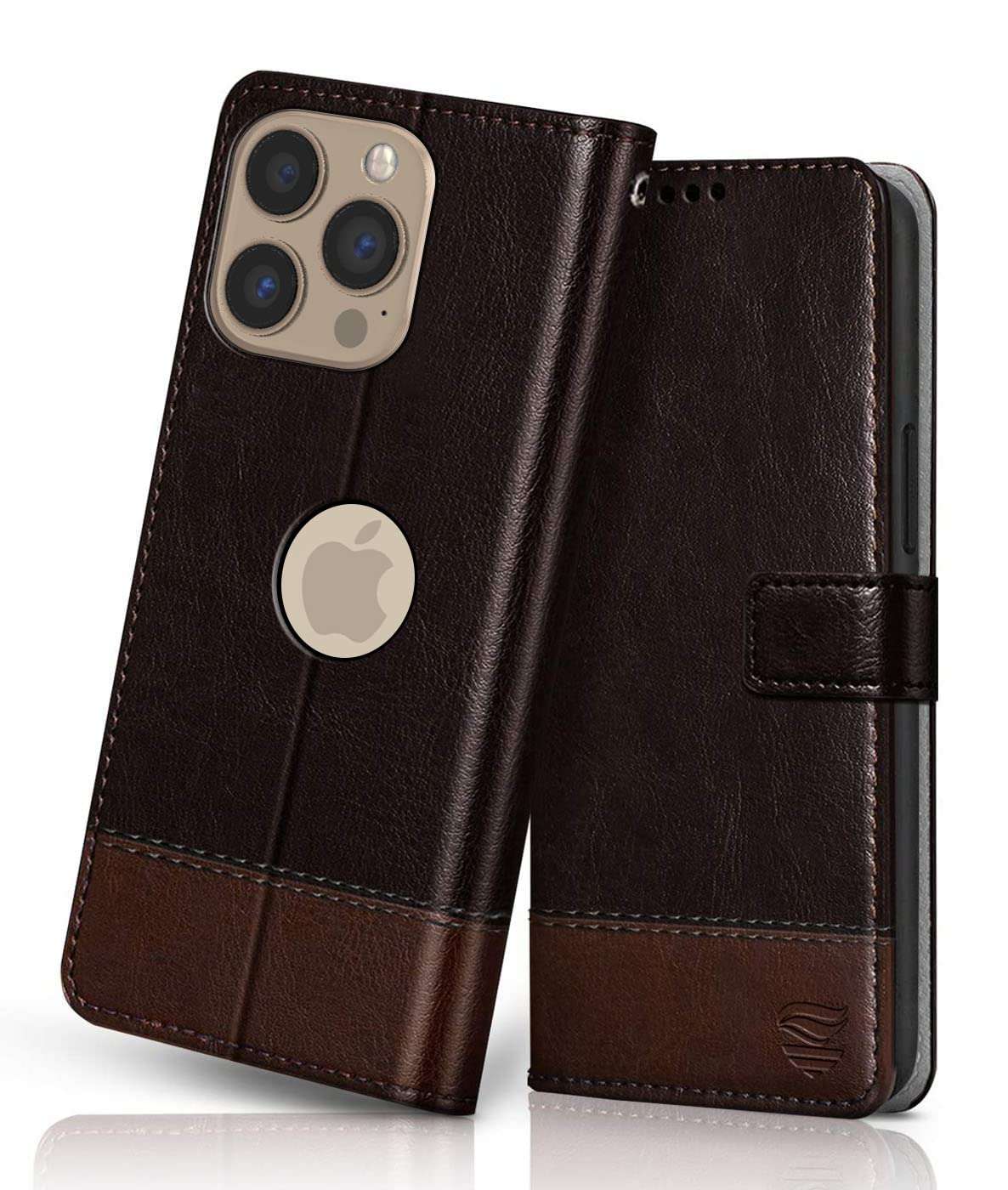 FLIPPED Vegan Leather Flip Case Back Cover for Apple iPhone 13 Pro Max (Flexible, Shock Proof | Hand Stitched Leather Finish | Card Pockets Wallet & Stand | Coffee with Brown) 1
