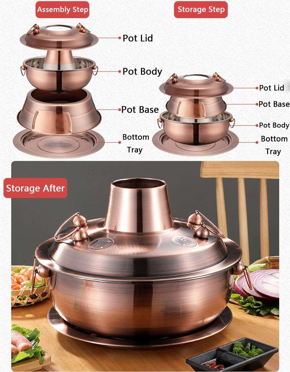 Traditional Chinese Copper Hot Pot, Vintage Copper Shabu Hot Pot Pan, Food Grade Stainless Steel Charcoal Shabu Hotpot Cooker Chinese Traditional Stew Pot Soup Pot Cookware(Rose,36cm) 5