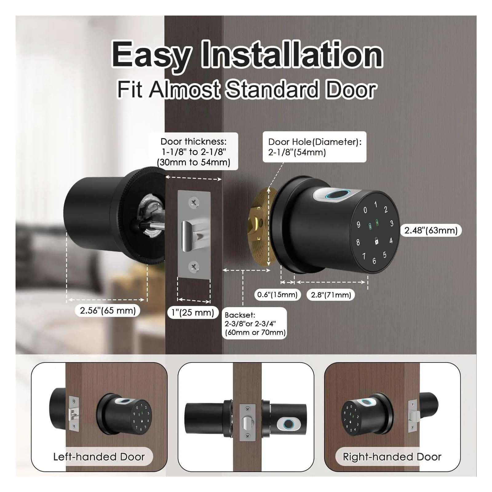 KIEEQGAK Smart Knob Fingerprint Door Lock，4 in 1 Keyless Entry Door Knob Lock，with Handle APP/100 Fingerprints/IC Cards/Passcode 5