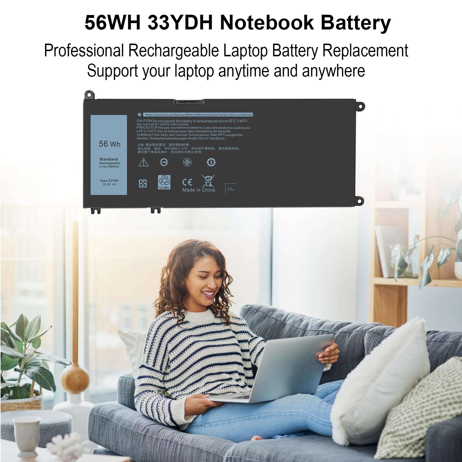 56WH 33YDH Battery for Dell Inspiron 17 7000 7773 7778 7779 7786 2-in-1 15 7577 G3 15 3579 3779 G5 15 5587 G7 15 7588 Latitude 13 3000 3380 15 3580 3590 14 3490 Vostro 7570 7580 033YDH PVHT1 0PVHT1 5