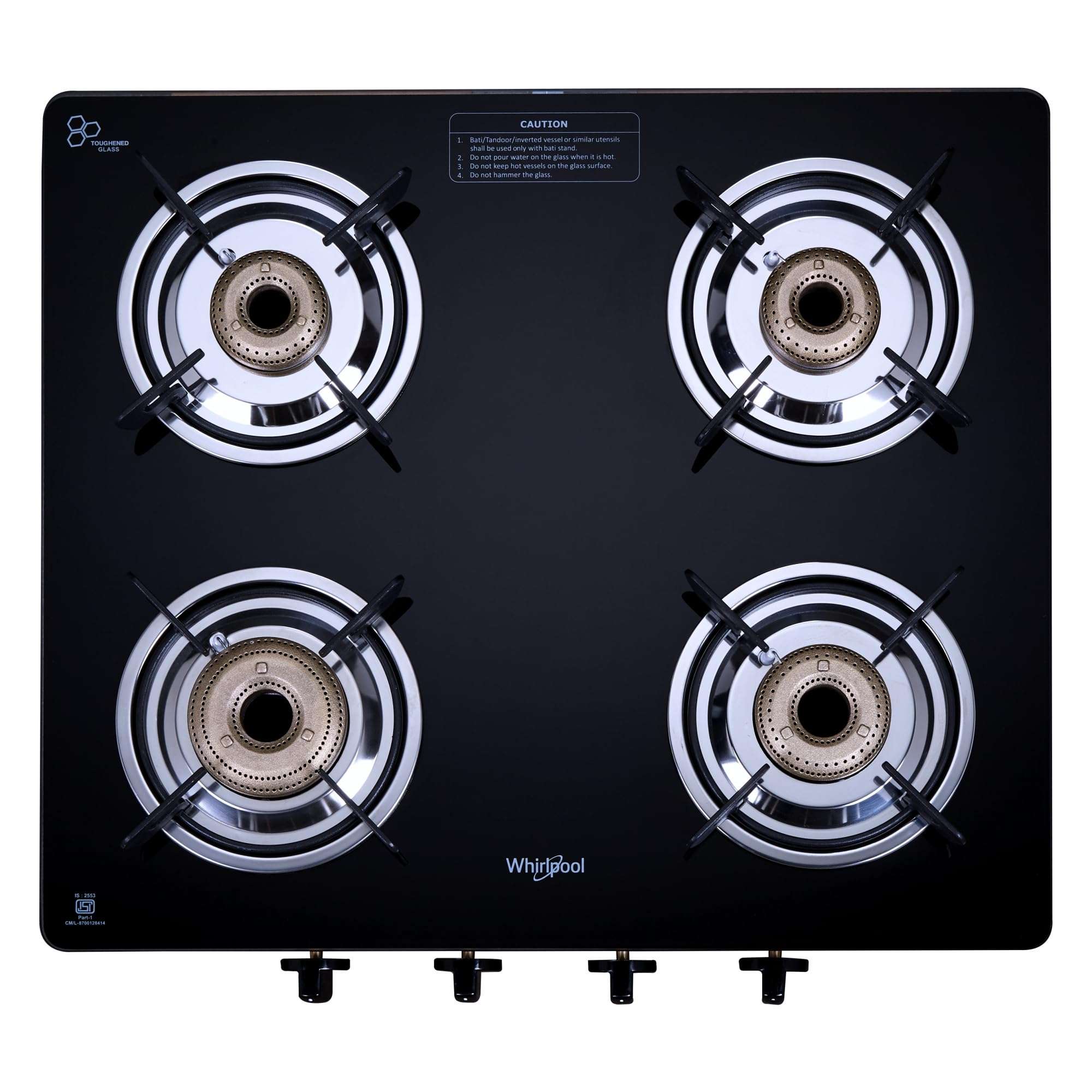 Whirlpool 4 Burner Manul Ignition Gas Stove | Supremo 460 CT | Forged Brass Burners | Toughened Glass Top | Double Drip Tray | 5-Year Warranty | Black 1