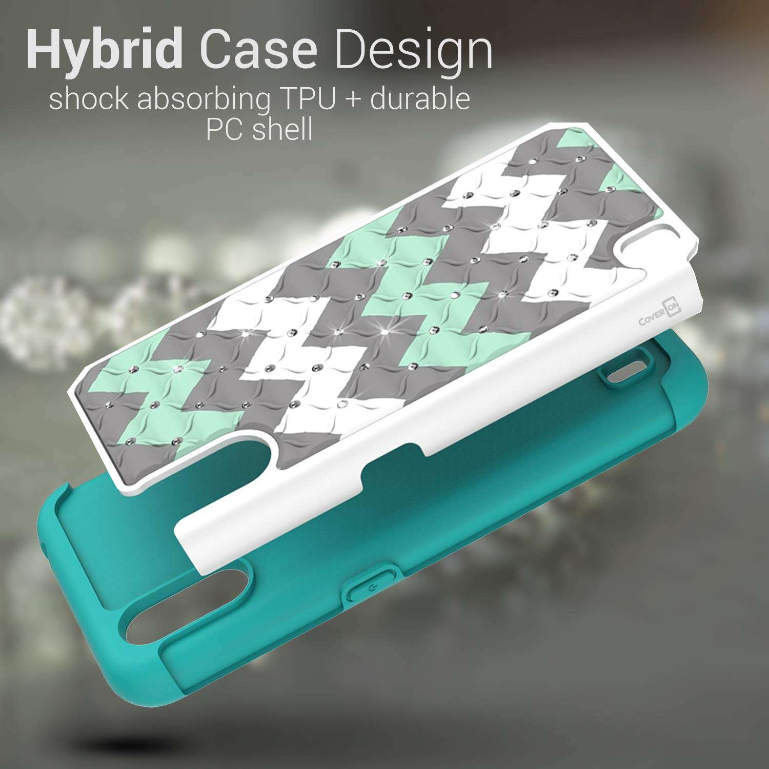 CoverON Bling Hybrid Aurora Series Diamond Bling Rhinestone Dual Cover for Samsung Galaxy A01 Case - Teal Chevron 5