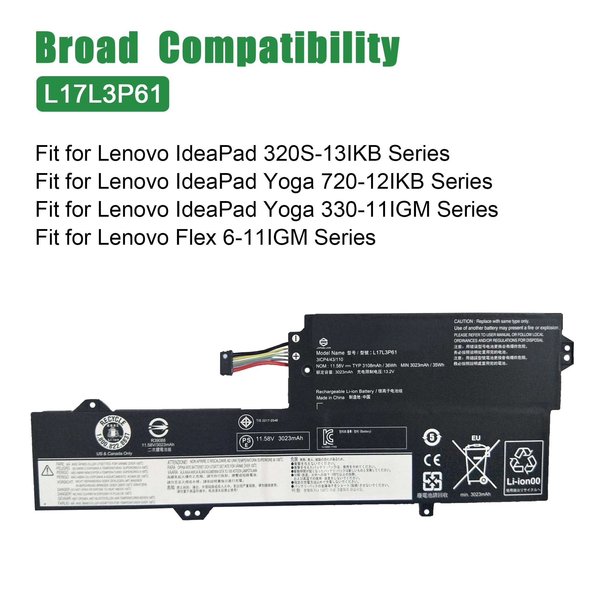 JIAZIJIA L17L3P61 5B10N87357 Laptop Battery Replacement for Lenovo IdeaPad 320S-13IKB Yoga 720-12IKB 330-11IGM Flex 6-11IGM Series Notebook L17M3P61 5B10N87358 L17C3P61 5B10N87359 11.58V 36Wh 3108mAh 4