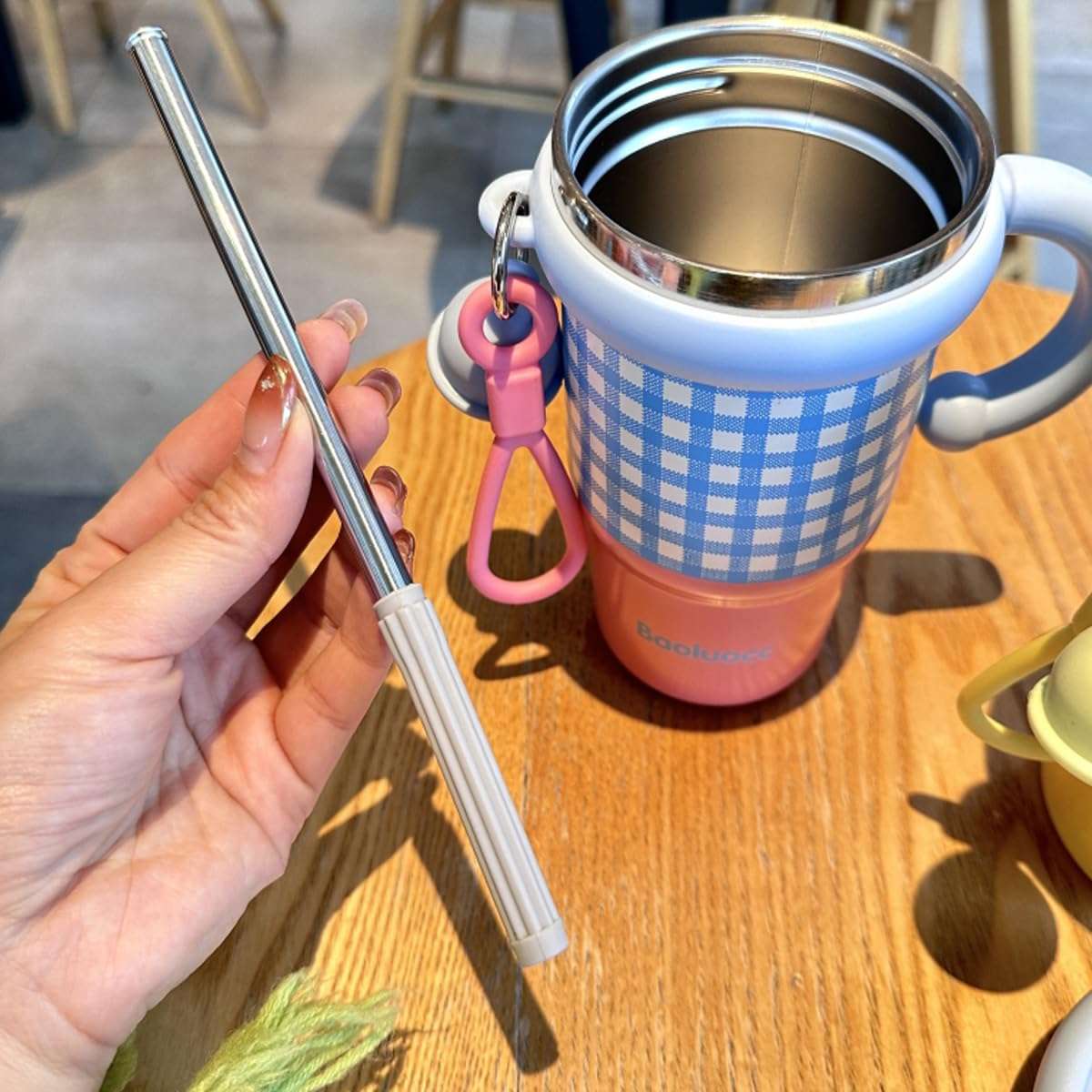 Spooky Stainless Steel Tumbler with Straw – 600ML Capacity, Insulated for 6-12 Hours – Portable, Vacuum-Sealed with Handle & Carrying Rope, Perfect for Travel, Office & Gifts - Pink&Green Contrast 6