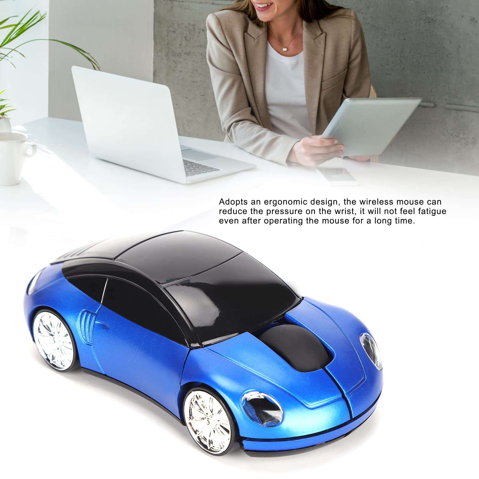 ASHATA 2.4G Wireless Mouse, Cute Car Mouse with USB Reciver, 1600DPI Optical Mice for PC Computer Laptop Tablet, with LED Light (Blue) 4