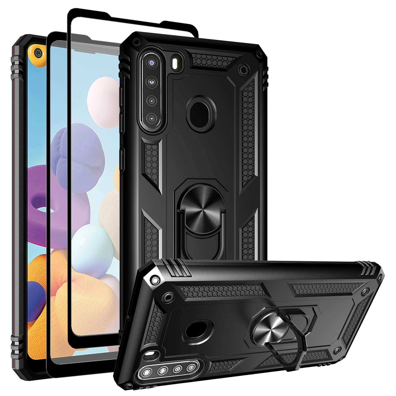 Galaxy A21 Case, Samsung A21 Case with Tempered Glass Screen Protectors, Androgate Military-Grade Ring Kickstand Car Mount 15ft Drop Tested Shockproof Cover Phone Case for Samsung Galaxy A21, Black 1