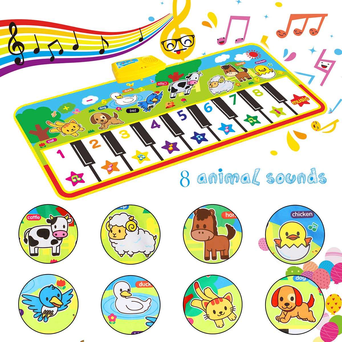 WOSTOO Piano Mat, Musical Piano Mat Keyboard Play Mat Portable Musical Blanket Instrument Toy with 8 Animal Sounds Dance Mat Educational Toy Gift for Kids Toddler Girls Boys 2