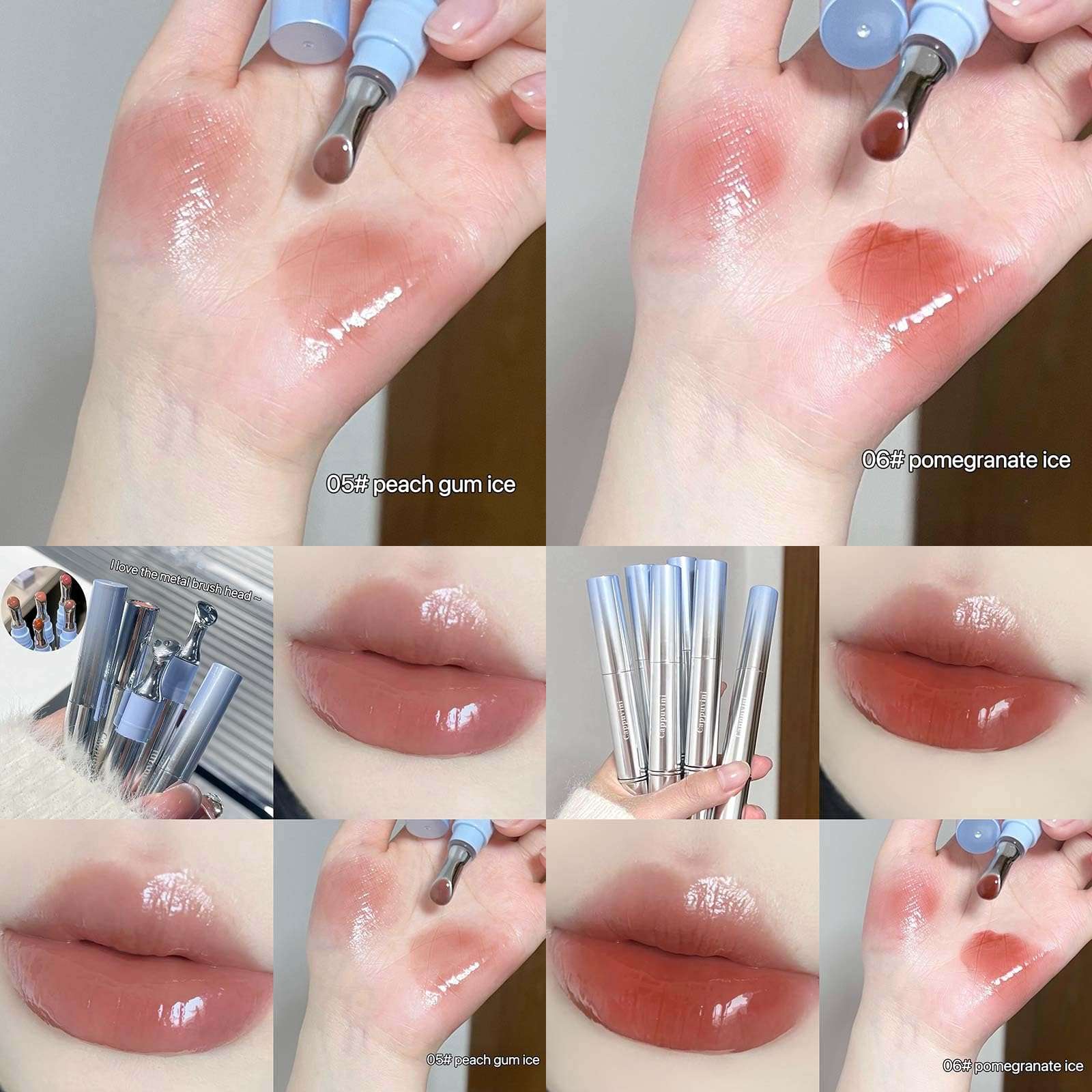 Cappuvini Mirror Water Shine Essence Lip Gloss | Moist and Submissive Light Texture | Moisturizing Lip Tint with Cooling Ice Roller Applicator | Lip Protection Formula | Long-Lasting Liquid Lipstick | Ice-Themed Shades Light Pink Light Nude Color With High glossy Shine (06# Pomegranate Ice, 2.5g) 6