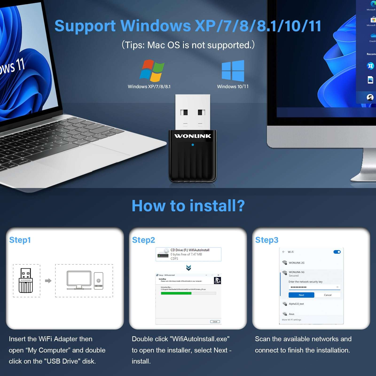 WONLINK WONLILNK USB WiFi Adapter for PC, 2.4G/5G Dual Band Wireless Network Transceiver 650Mbps WiFi Dongle for Desktop Laptop, Travel Size, Supports Windows XP/7/8/8.1/10/11, WL-NA1500 6