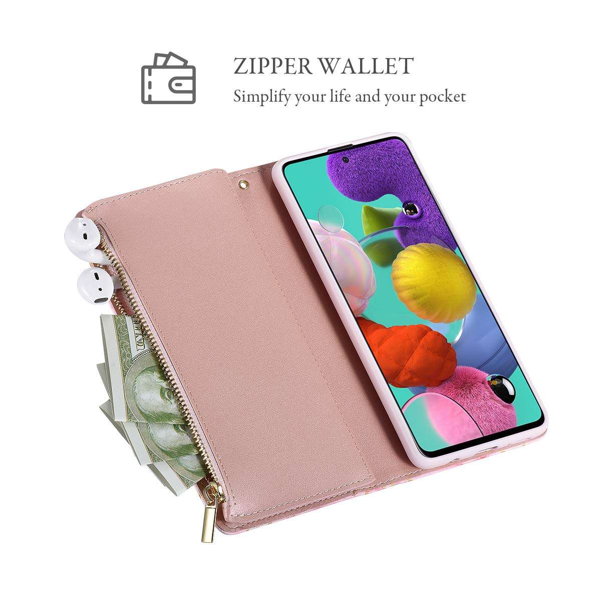 UEEBAI Wallet Case for Samsung Galaxy A21S, PU Leather Case Magnetic Closure Handbag Zipper Pocket Case Kickstand Card Slots with Hand Strap Marple Flip Case for Women - Pink Purple 4