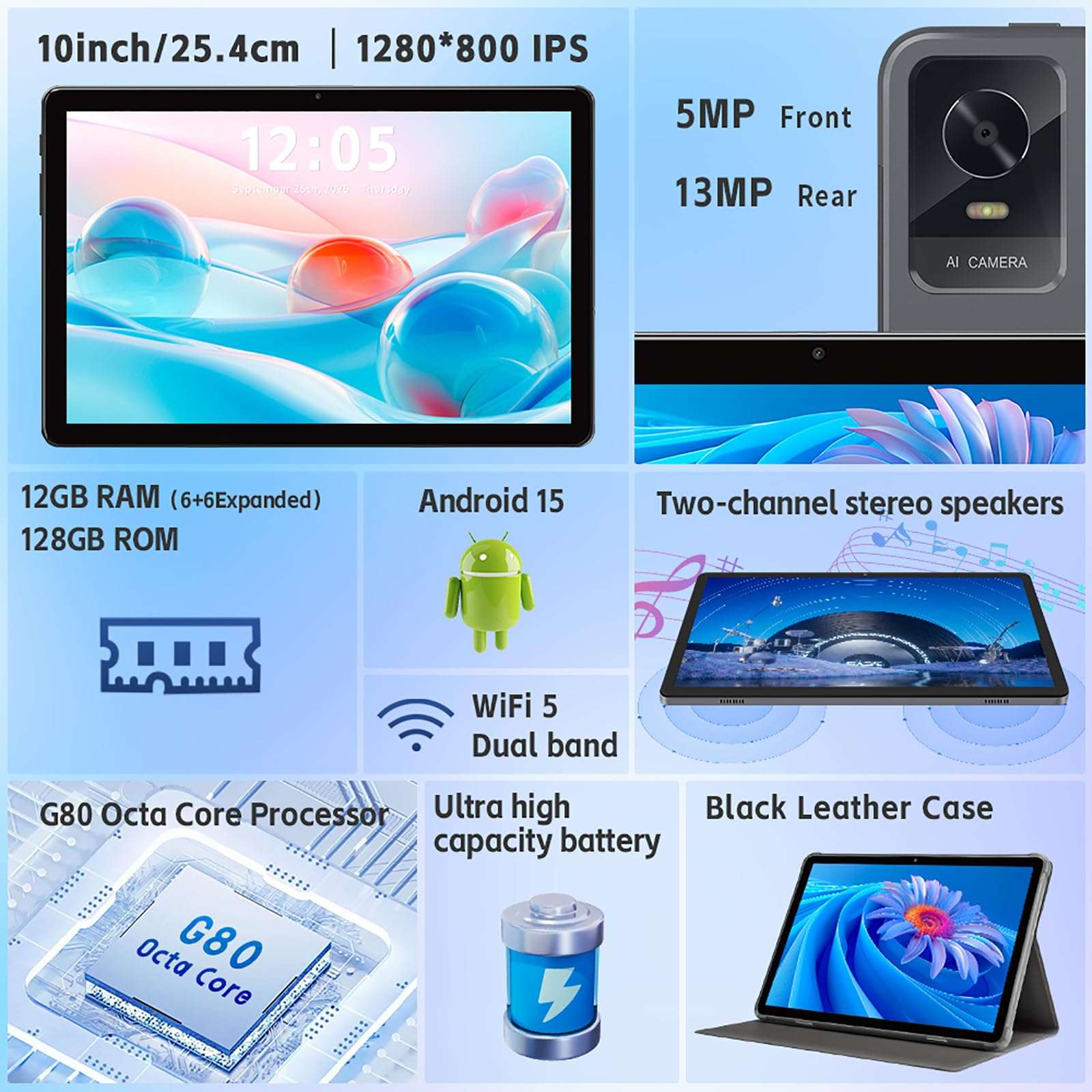 Android Tablet, 10.1 Inch Android 15 Tablets for Adults with Octa-Core CPU, 12GB RAM 128GB ROM (2TB Expandable), Dual WiFi, Bluetooth 5.0, 8000mAh Battery, 5MP+13MP, Widevine L1, 18W Fast Charging 4