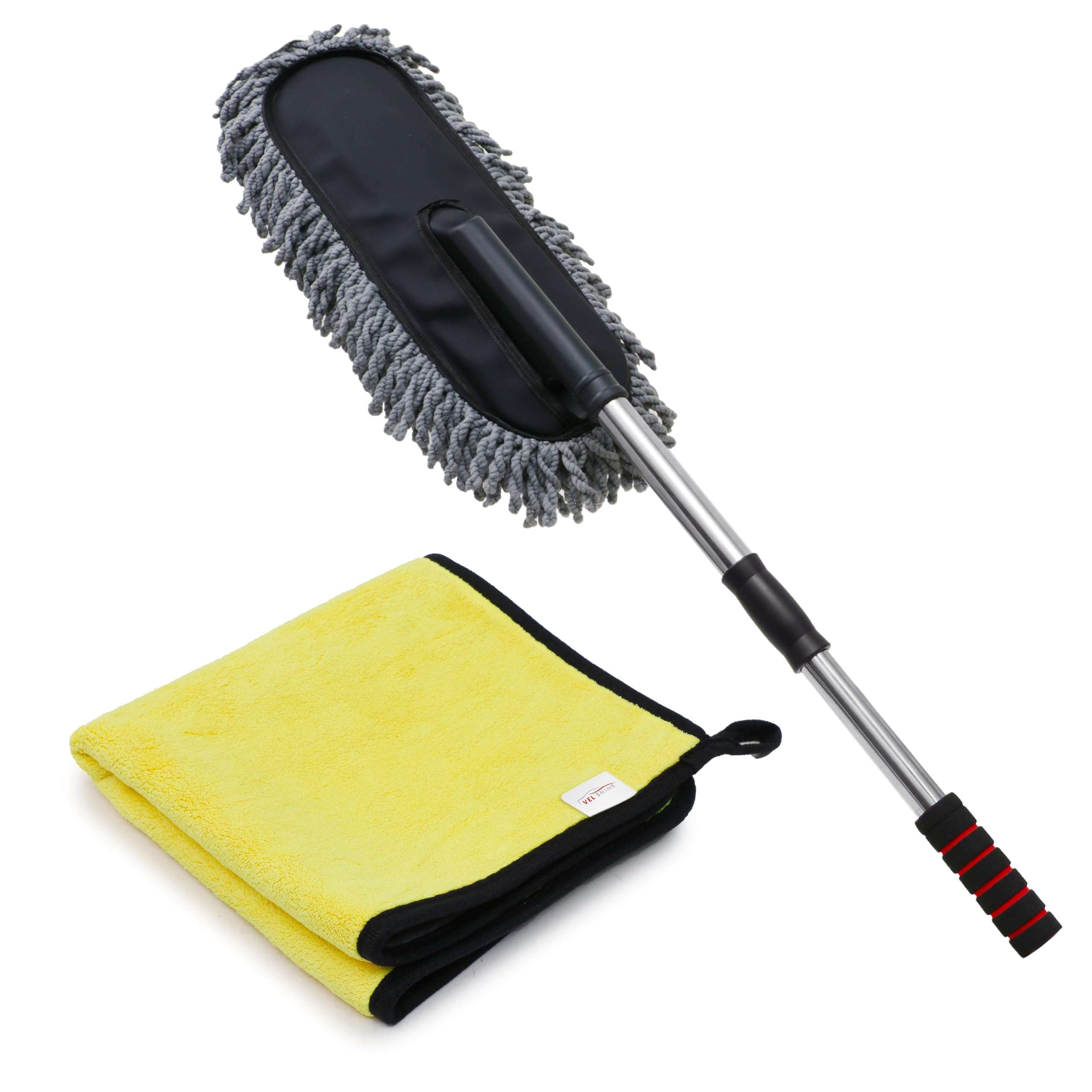 VEL SHINE Combo of Car Cleaning Brush and Microfiber Cloth 800 GSM (40x40 CM). Includes Extra Thick Microfiber Cloth and Car Duster Microfiber for Efficient Dusting and Polishing. 1