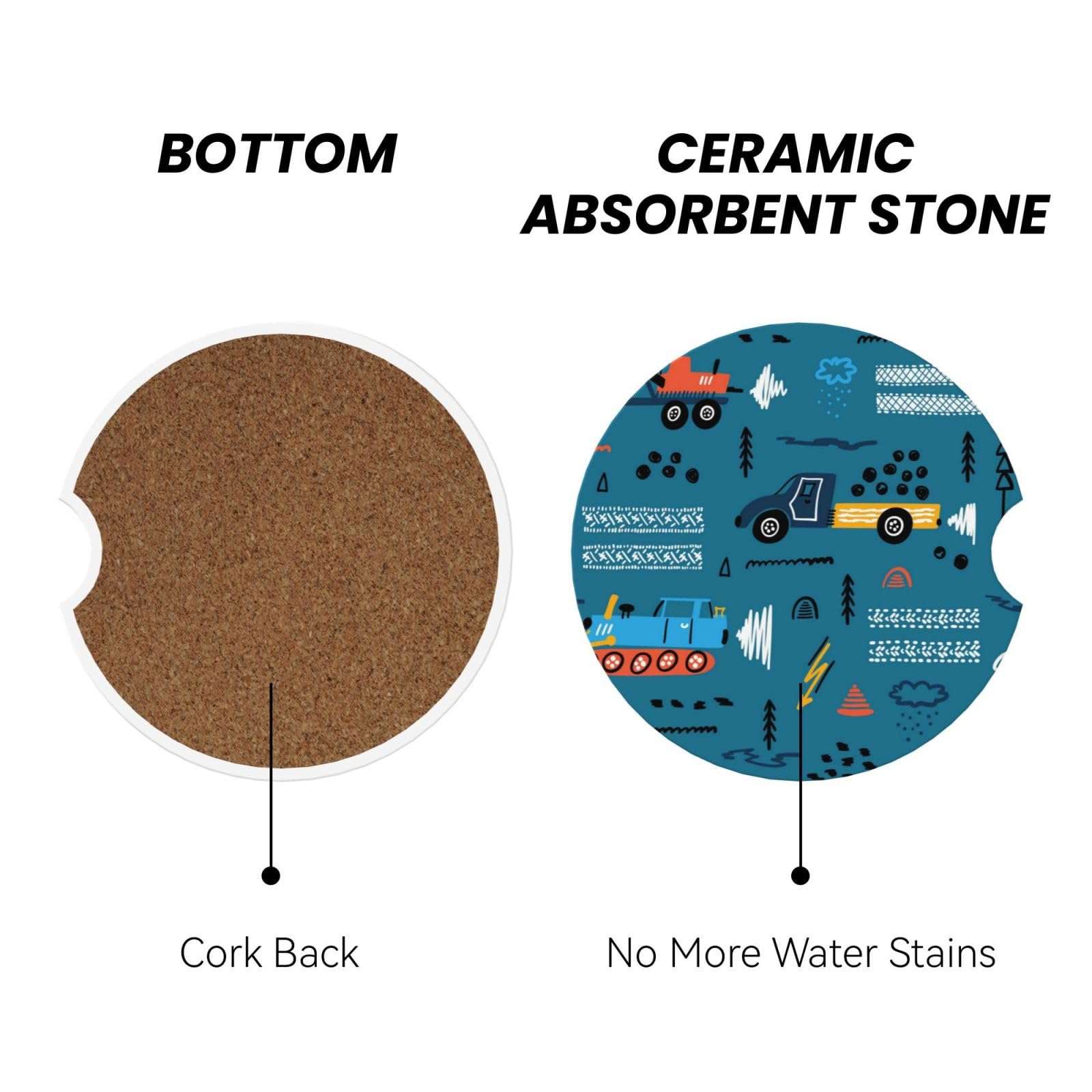 Xiso Ver Construction Trucks Car Cup Coasters 2 Pack Ceramic Cup Holders 2.56" Cork Base Drink Coasters with Finger Notch for Easy Move of Car Cup Holder 3